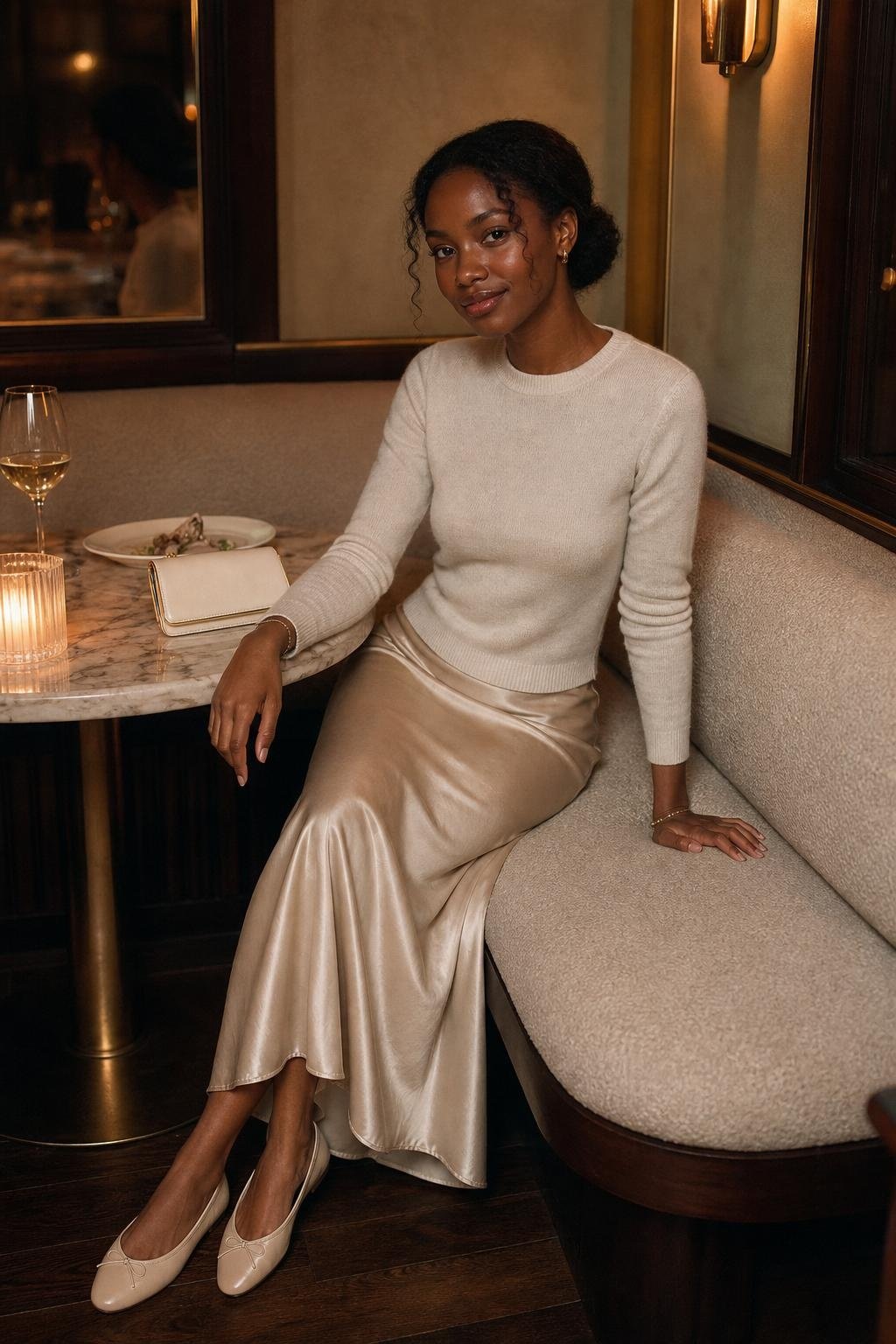 champagne satin slip skirt, ivory fine knit sweater, nude ballet flats, small clutch, candlelit restaurant corner (option 2)