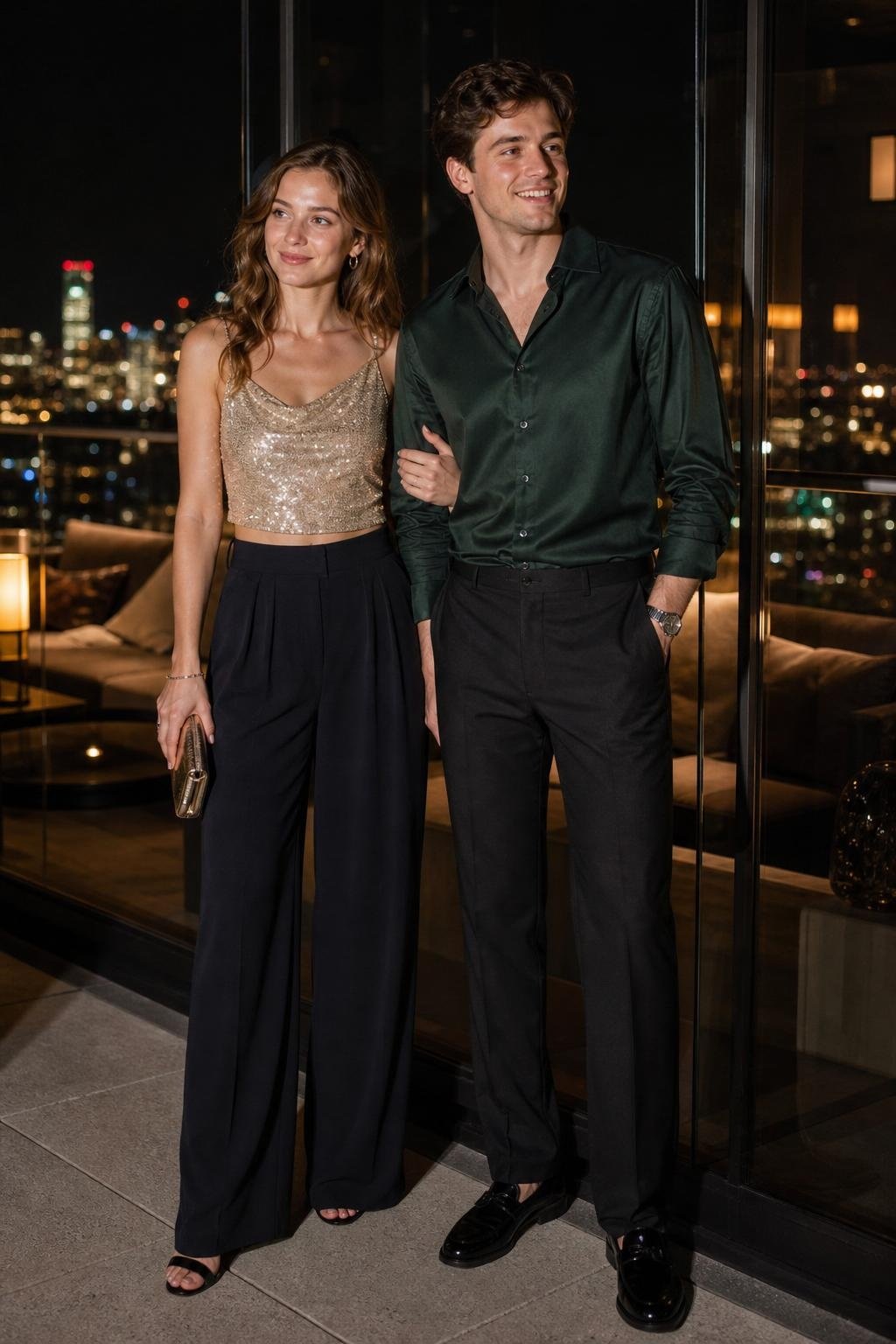 Champagne sequin top with midnight wide-leg trousers on a rooftop at night (option 1)