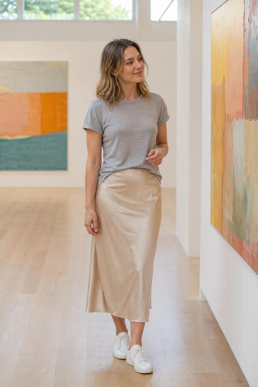 Champagne slip skirt, soft gray tee, white sneakers, delicate necklace, casual gallery afternoon (option 1)