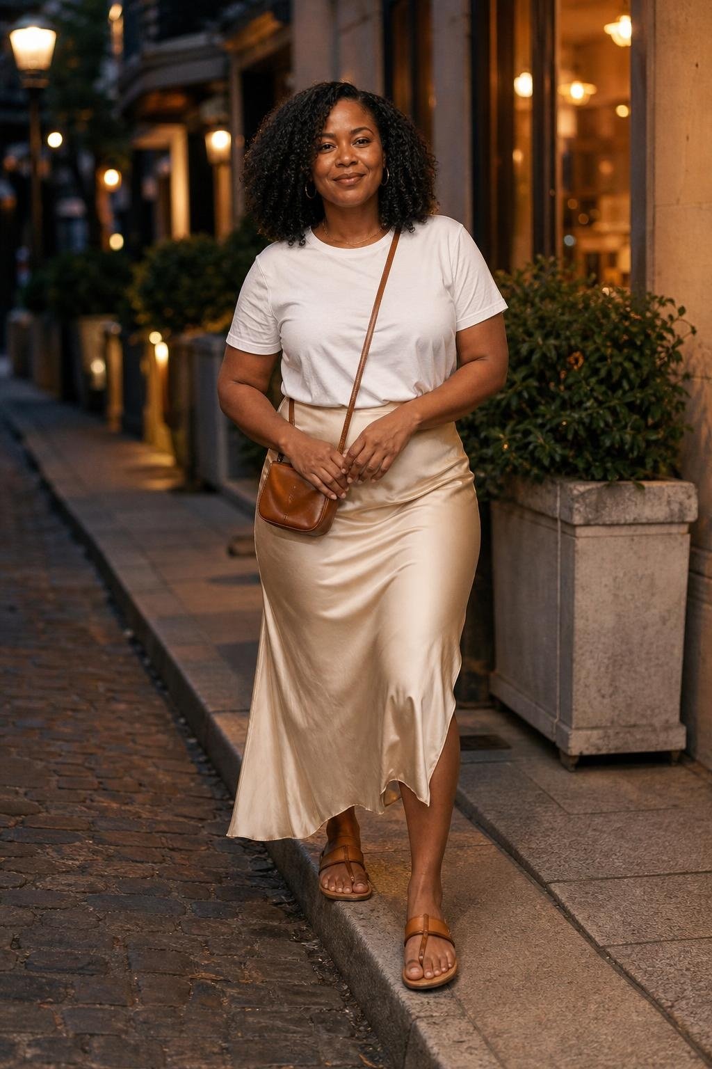 Champagne slip skirt with white tee, flat sandals, small crossbody bag, casual dinner street scene (option 2)