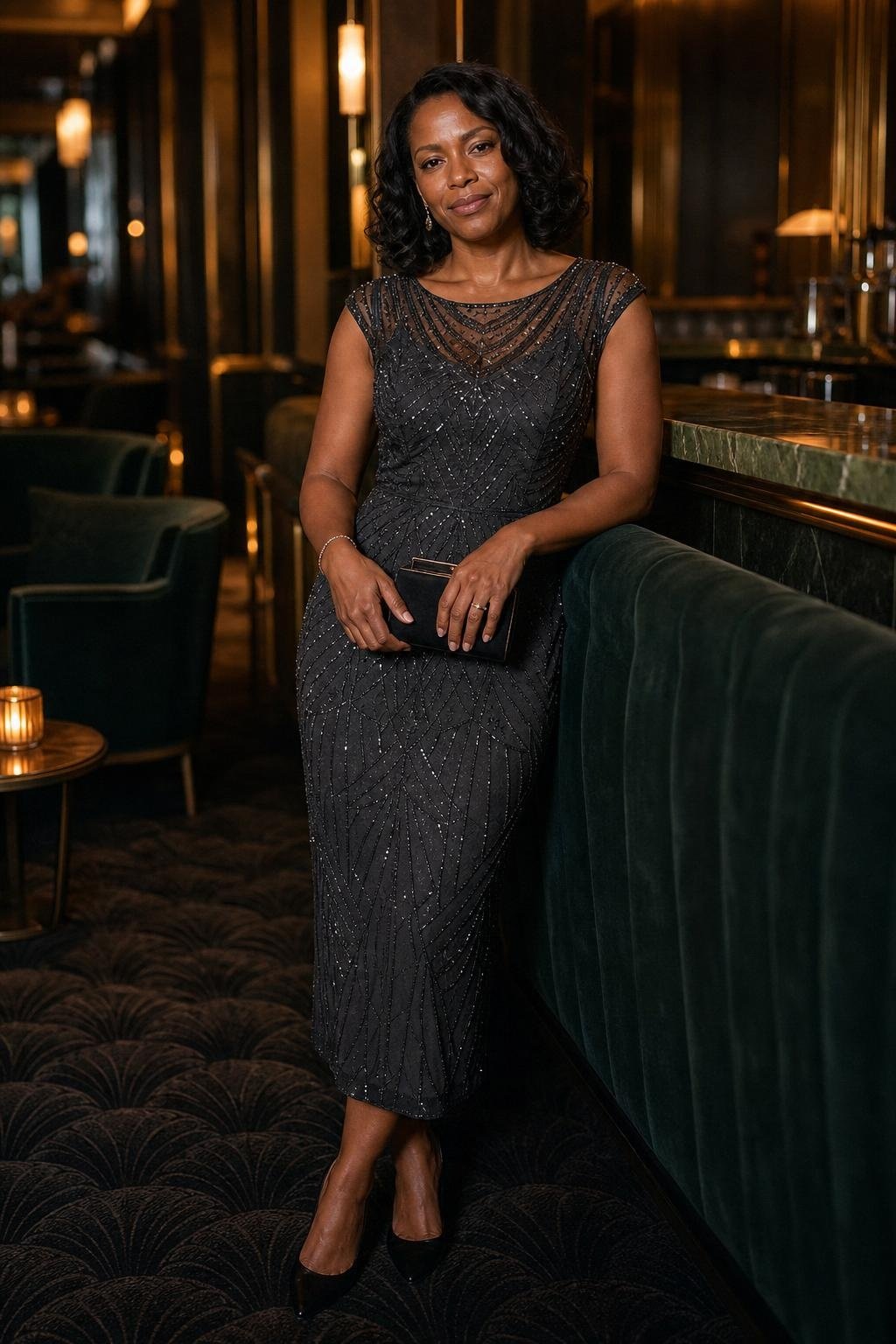 Charcoal beaded sheath dress, black satin pumps, box clutch, art deco hotel lounge (option 2)