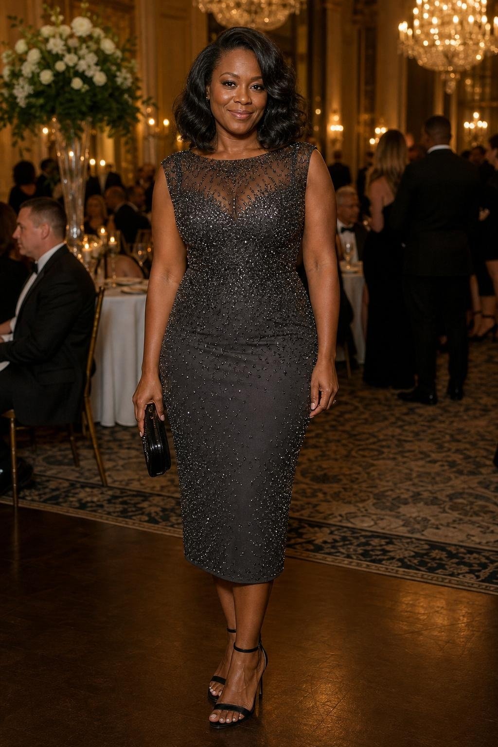 Charcoal beaded sheath dress with black ankle-strap heels at a formal evening ballroom wedding (option 2)