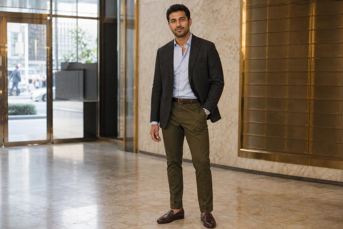 Charcoal blazer, olive chinos, pale blue shirt, burgundy loafers in a polished office lobby (option 1)