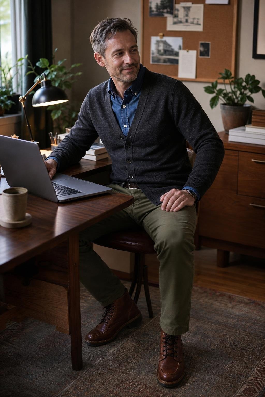 Charcoal cardigan, indigo chambray shirt, olive chinos, brown moc toe boots, casual fall office desk (option 2)