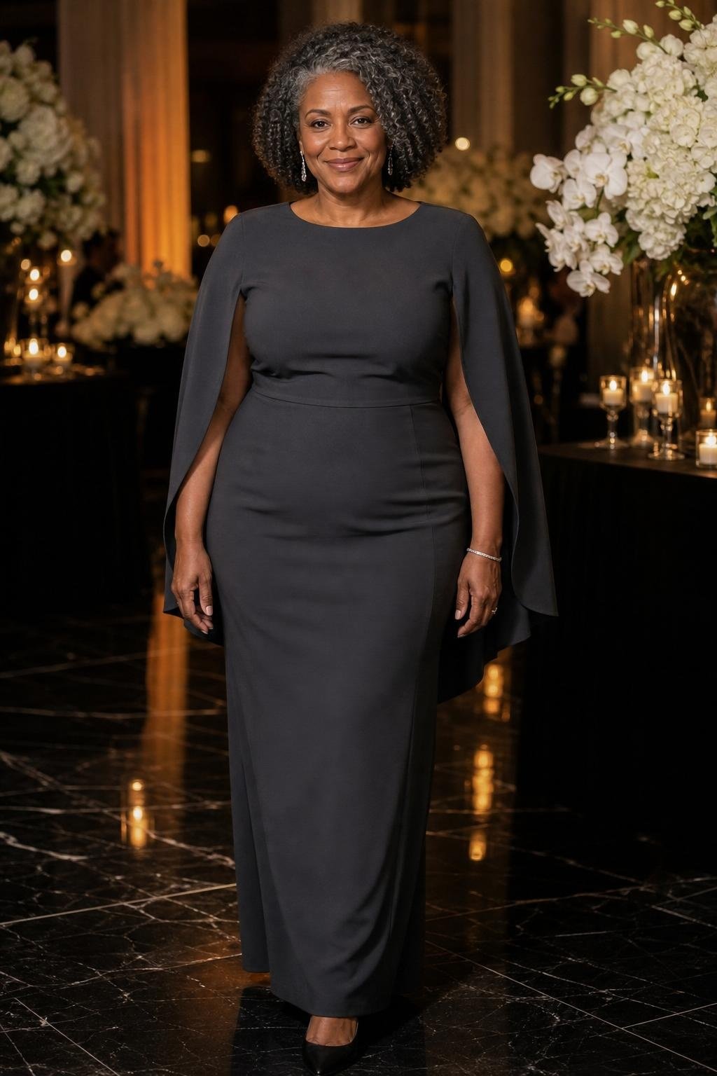 Charcoal crepe column dress with capelet overlay, black heels, formal evening reception (option 2)