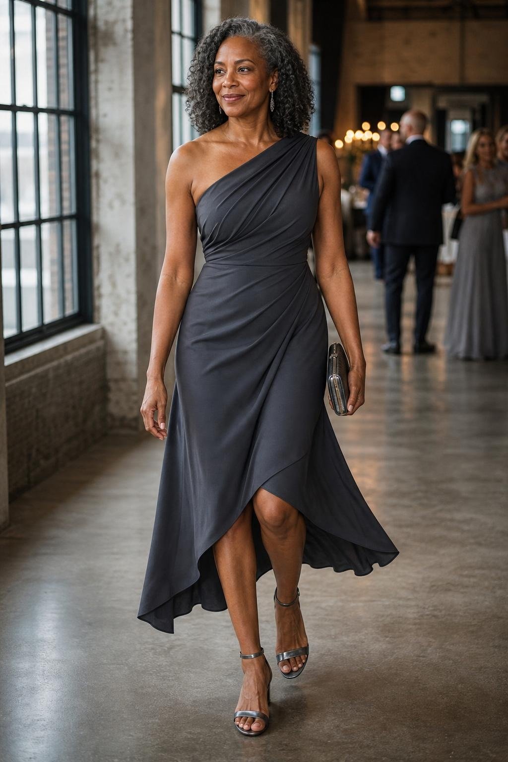 charcoal gray asymmetrical midi dress with pewter heels at an industrial loft wedding (option 2)
