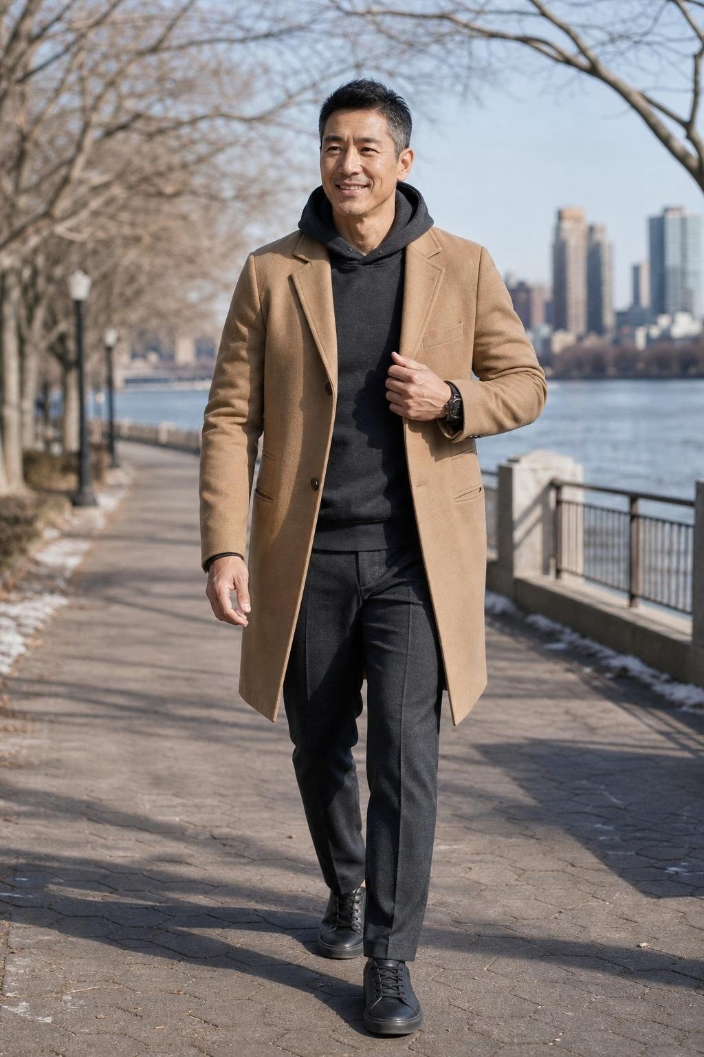 Charcoal hoodie, camel topcoat, black tapered trousers, white leather sneakers, crisp city stroll (option 1)