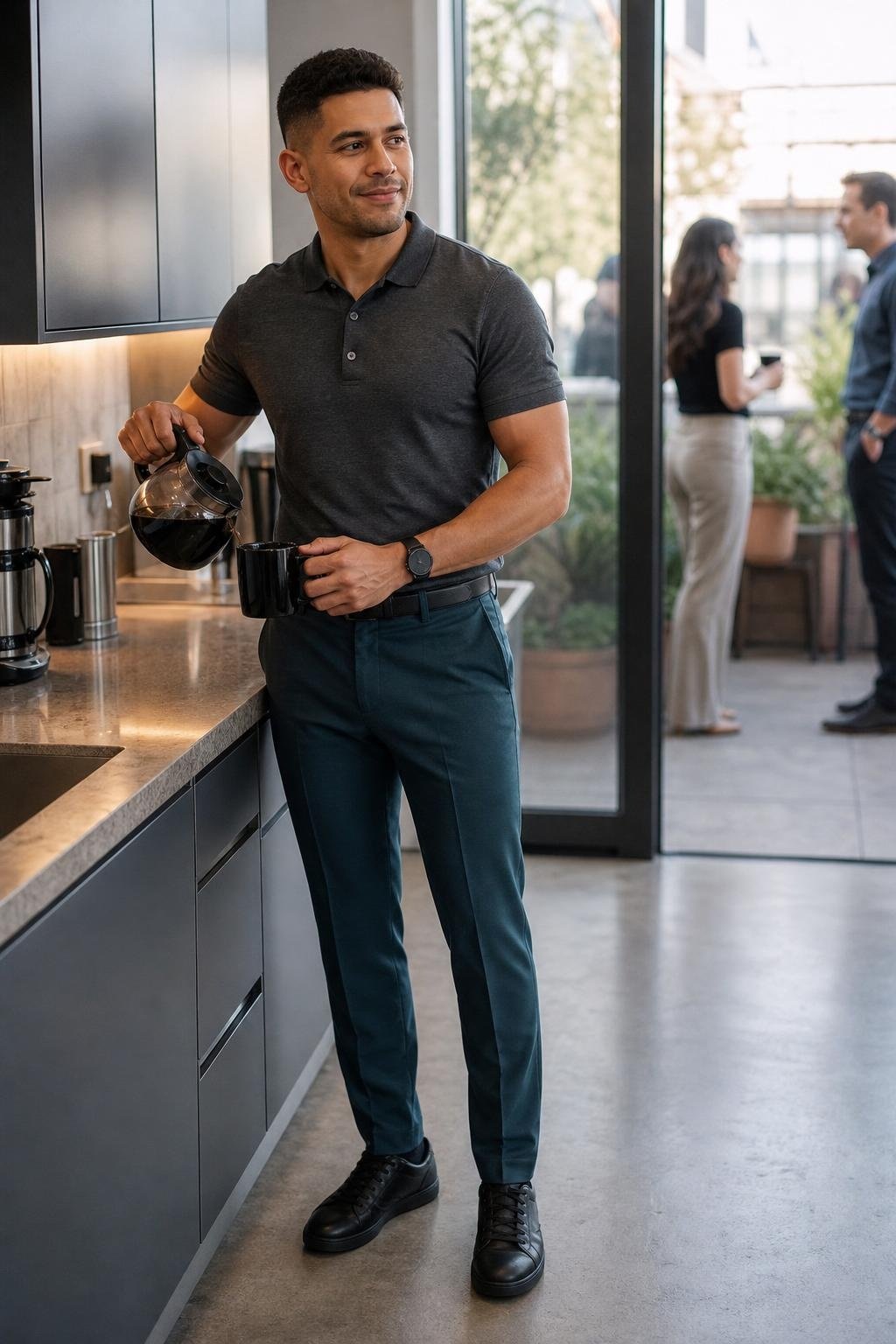 Charcoal knit polo, deep teal trousers, black leather sneakers in a modern office kitchen (option 2)