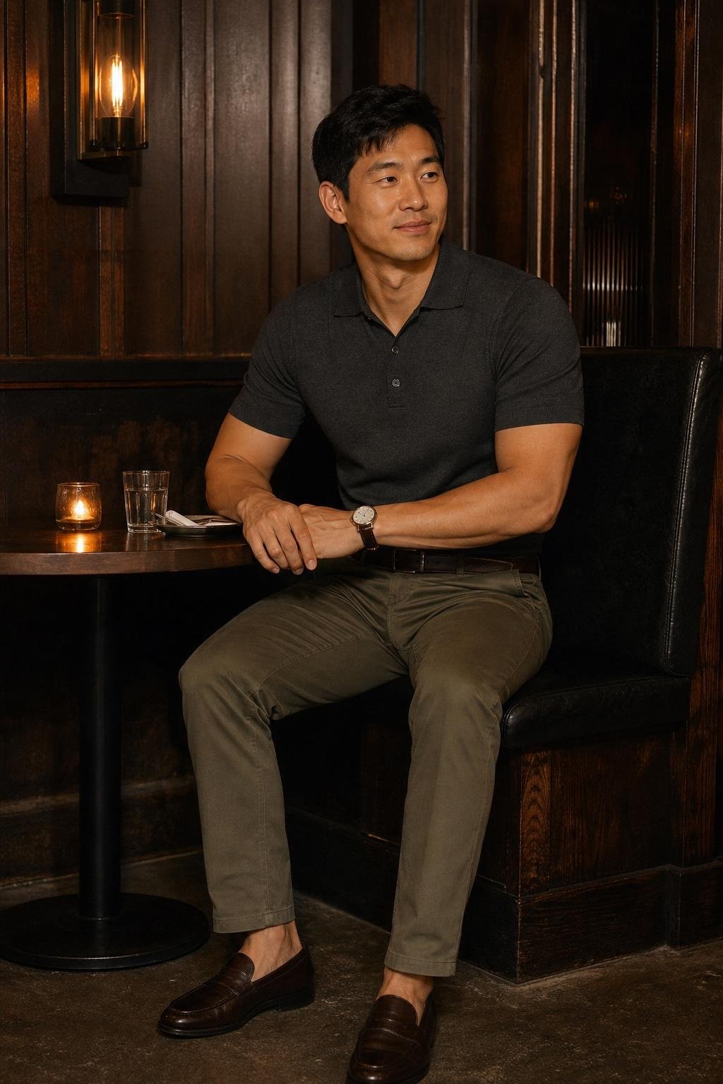 Charcoal knit polo, olive chinos, dark brown loafers, low-key restaurant dinner setting (option 2)