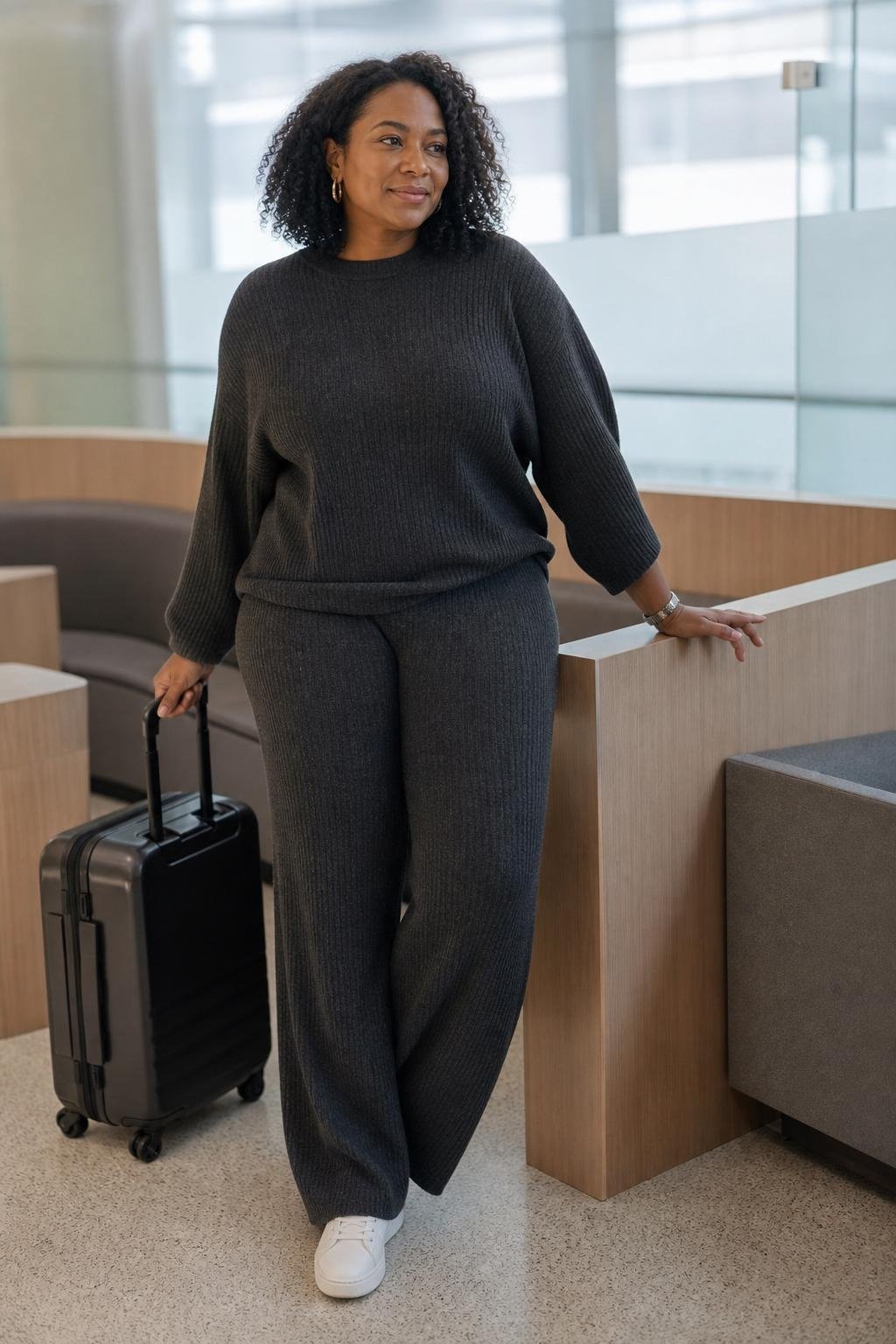 Charcoal knit pullover and matching wide-leg knit pants, white leather sneakers, airport lounge mood (option 2)