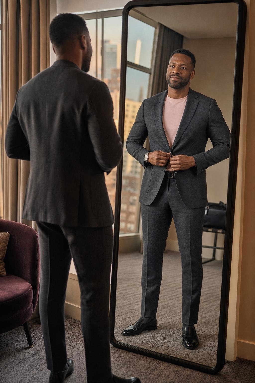 Charcoal linen suit, pale pink crewneck T-shirt, black leather loafers, summer rehearsal dinner (option 2)