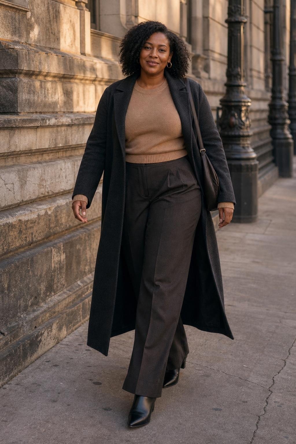 Charcoal long wool coat, camel sweater, wide-leg trousers, pointed ankle boots, city sidewalk near old buildings (option 2)