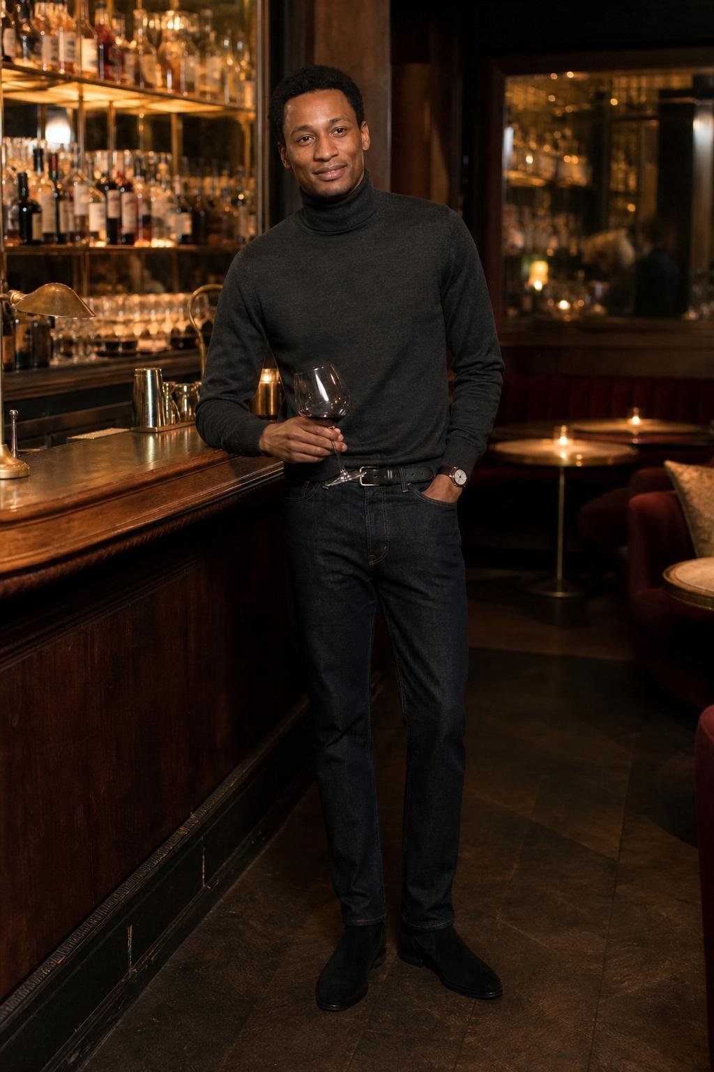 Charcoal merino turtleneck, dark indigo jeans, black suede Chelsea boots, dim wine bar atmosphere (option 2)