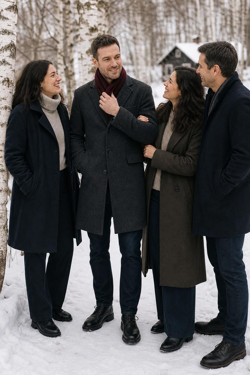 Charcoal overcoat, merlot scarf, dark denim, black leather boots, snowy winter family portrait (option 2)