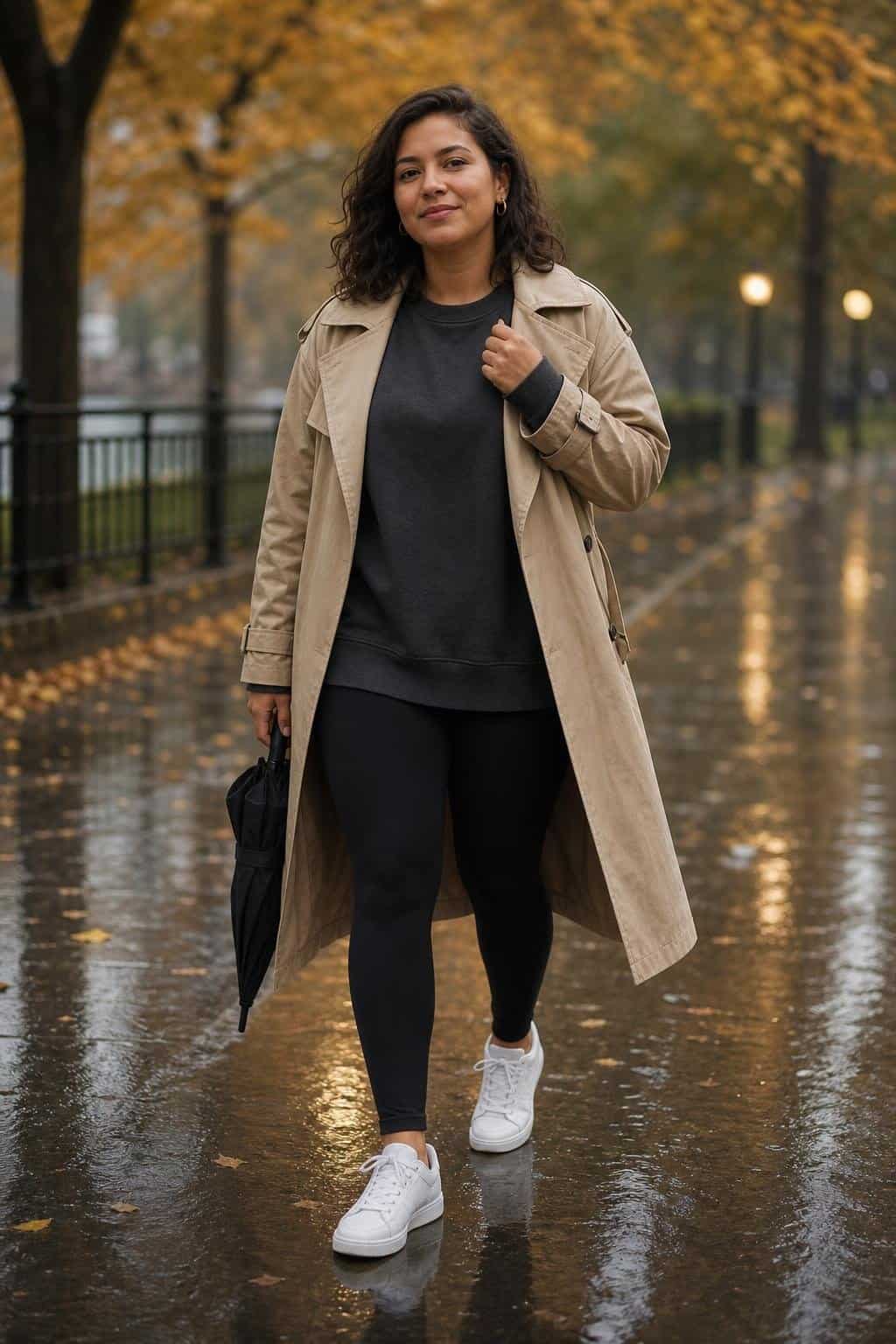 Charcoal oversized sweatshirt, black leggings, beige trench coat, white sneakers on a rainy park path (option 2)