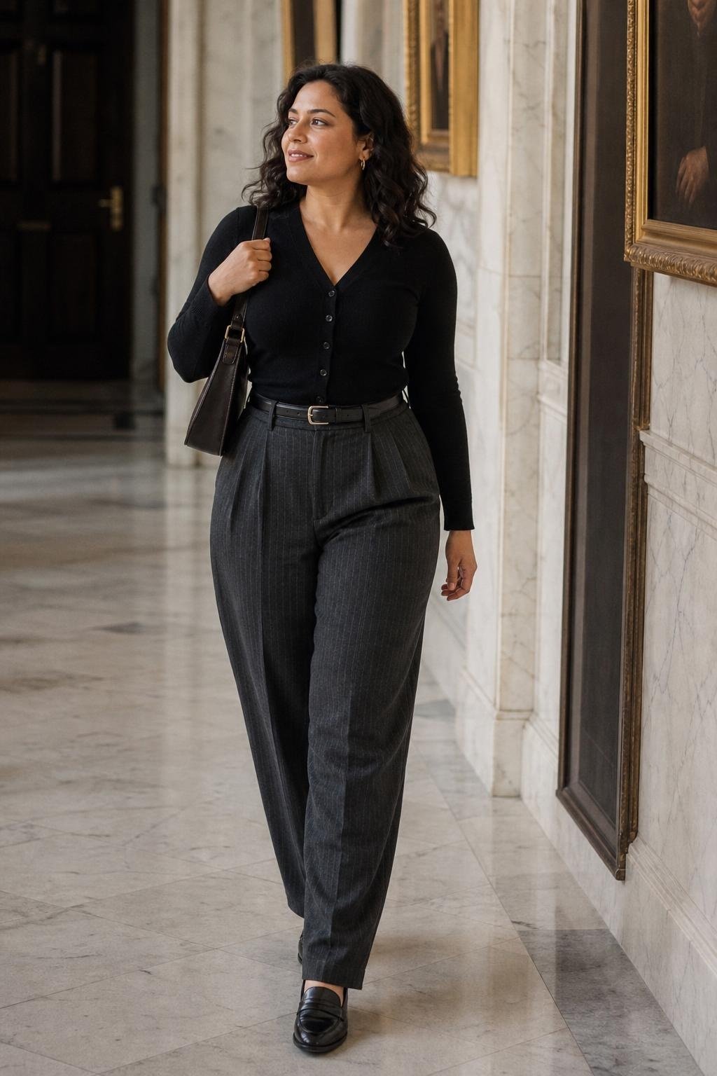 Charcoal pinstripe trousers, fitted black cardigan, loafers, marble hallway with antique frames (option 2)