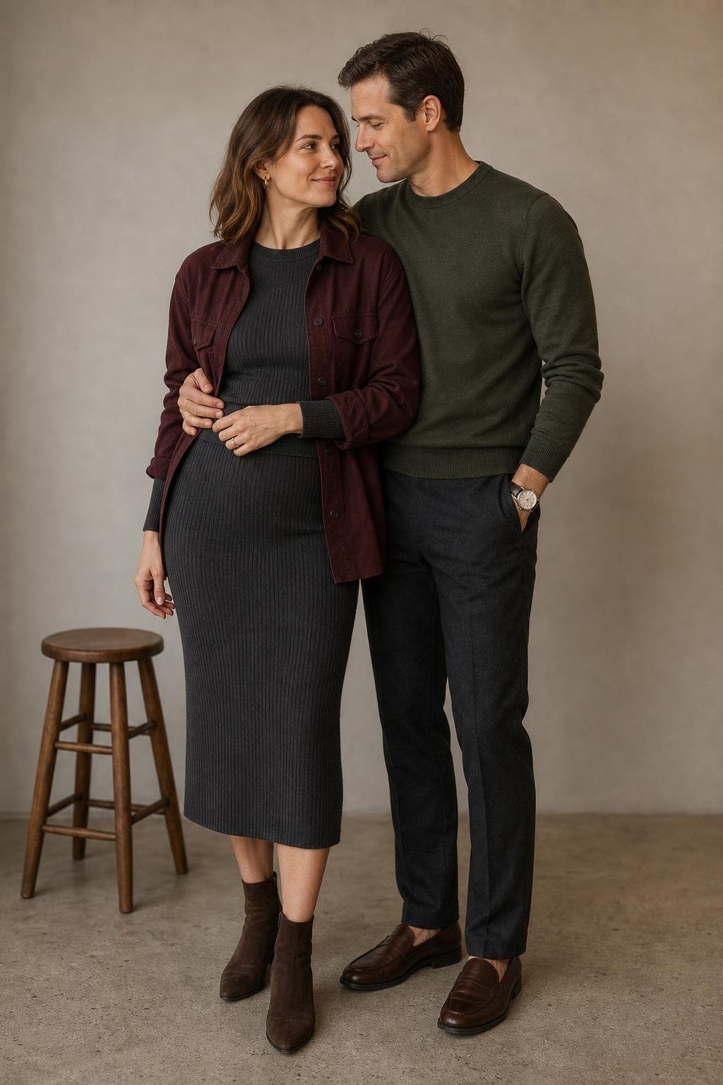 Charcoal ribbed knit set with burgundy overshirt in a clean daylight studio (option 1)