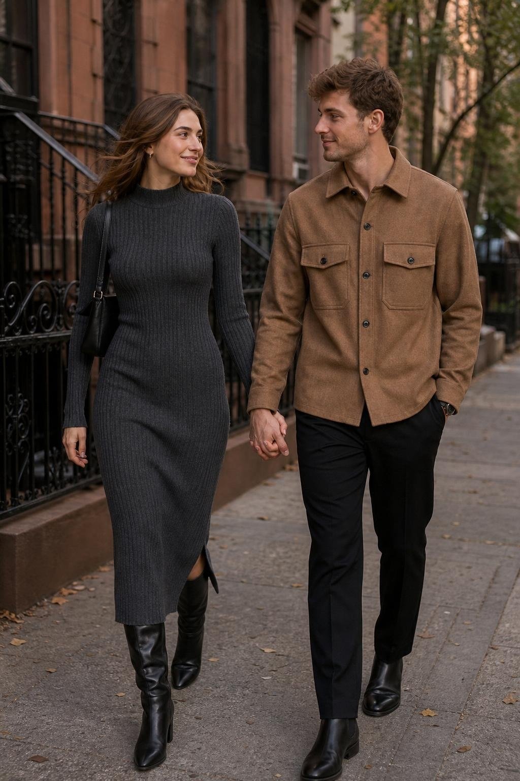 Charcoal ribbed midi dress with tall black leather boots on a quiet city sidewalk (option 1)