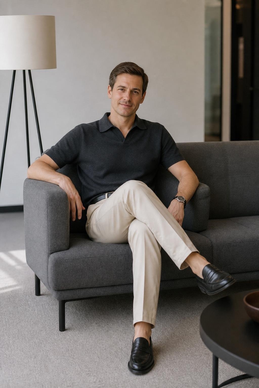 Charcoal short-sleeve sweater polo, ecru chinos, black loafers, minimalist office lounge (option 1)