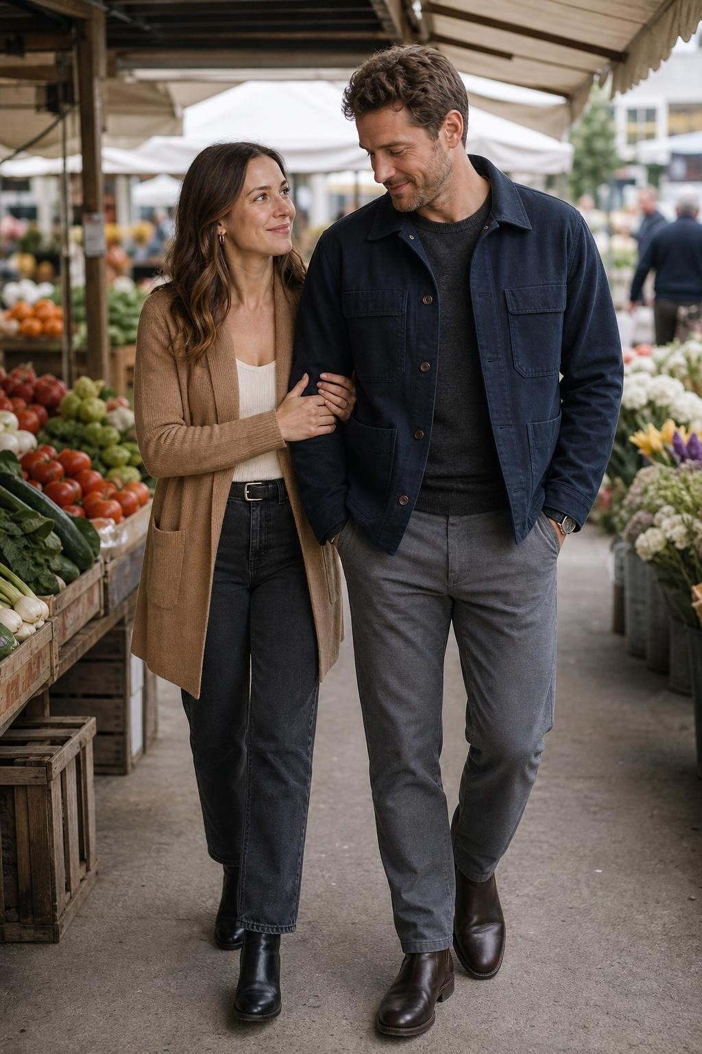 Charcoal straight jeans with camel sweater coat and black boots at an outdoor market (option 1)