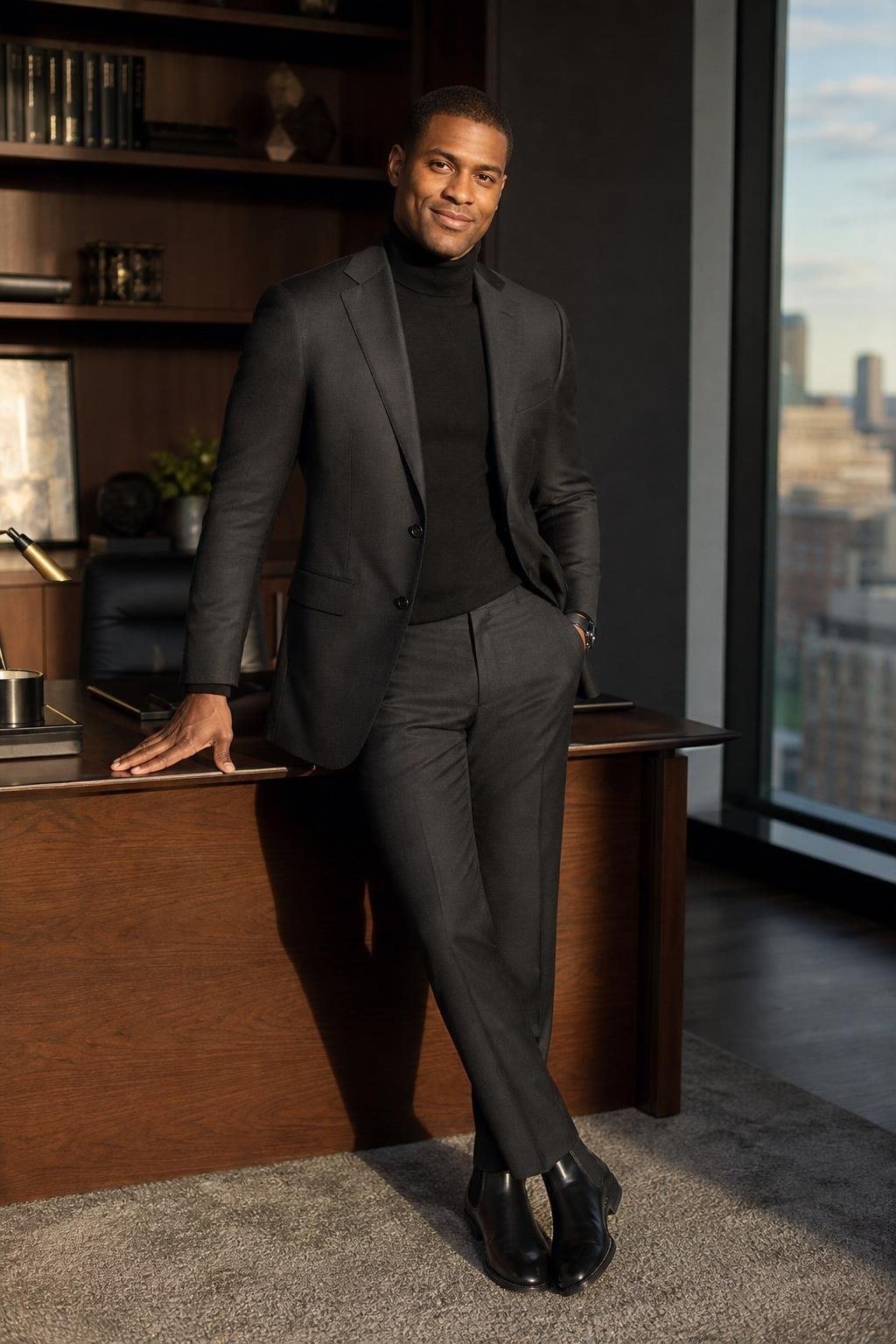 Charcoal suit, black fine-gauge turtleneck, polished black Chelsea boots, sleek executive office mood (option 2)