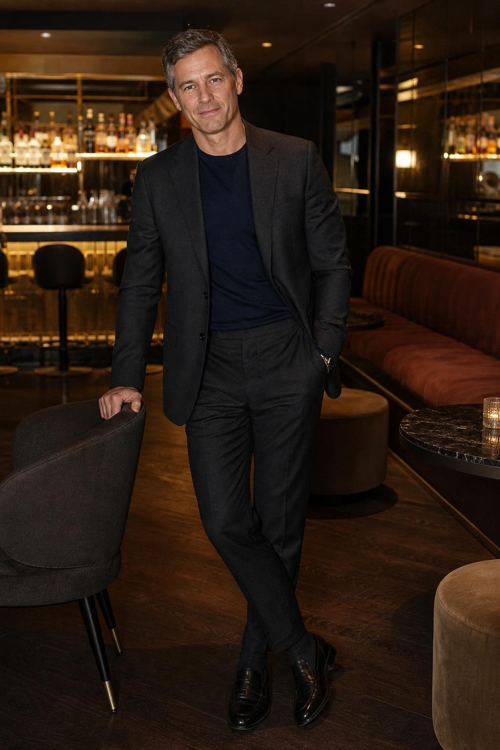 Charcoal suit, ink blue knit tee, black loafers, modern cocktail lounge with polished low-key atmosphere (option 2)