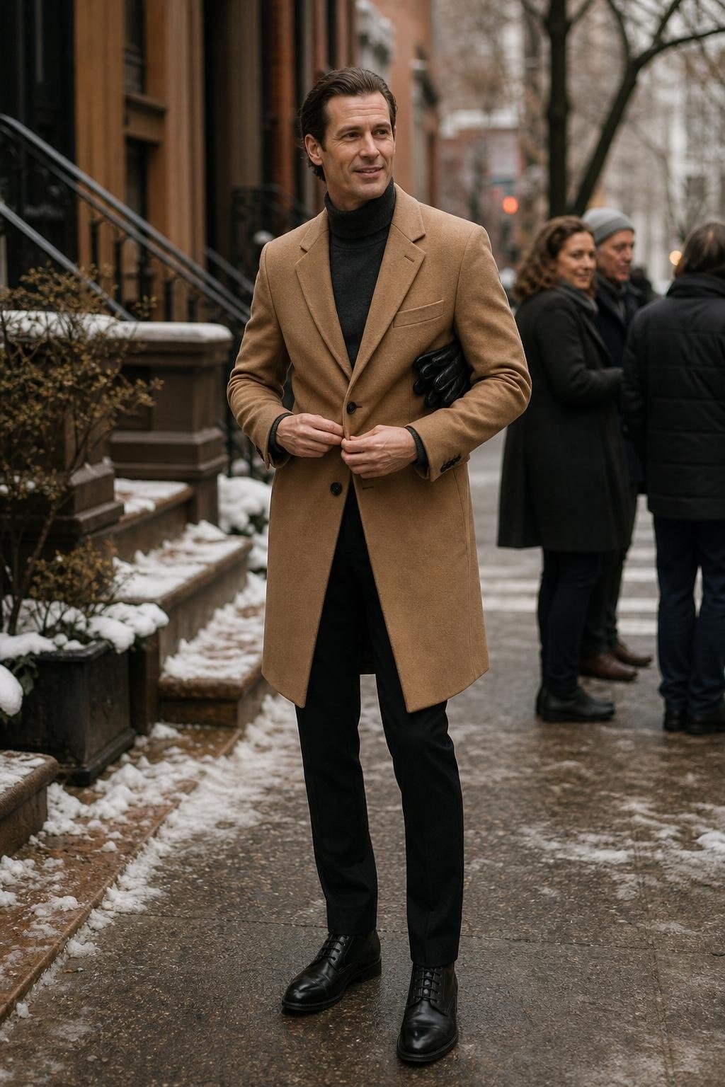 Charcoal turtleneck, camel wool coat, black trousers, polished boots, city sidewalk winter family portrait (option 2)