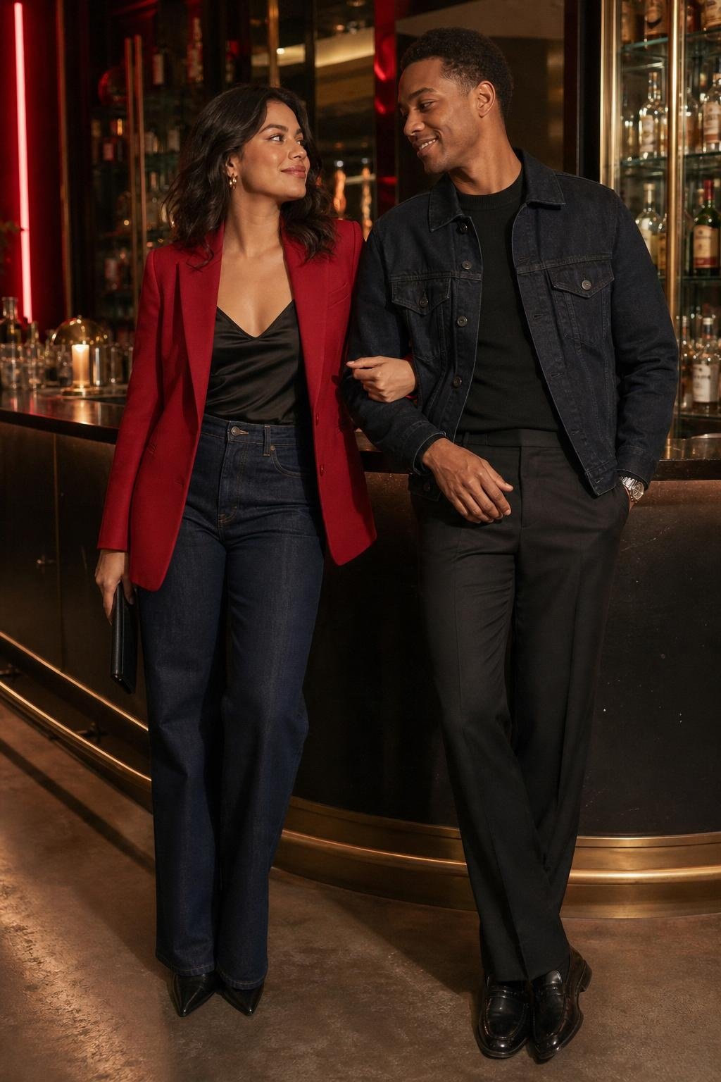 Cherry red blazer with dark straight jeans, black camisole, dark denim jacket and black trousers, downtown cocktail counter (option 1)