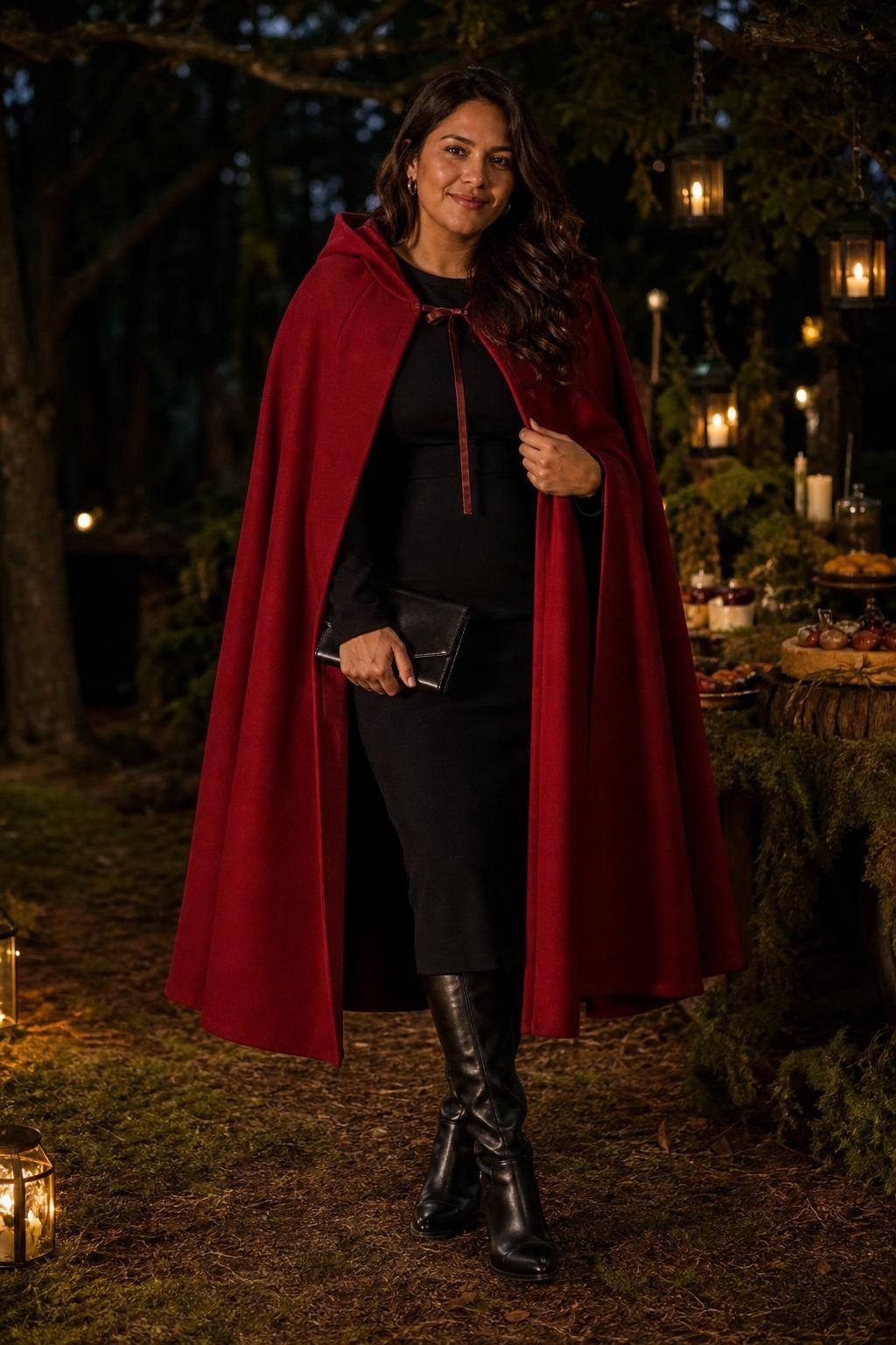 Cherry red hooded cape, black midi dress, knee-high boots, woodland-themed Halloween party (option 1)