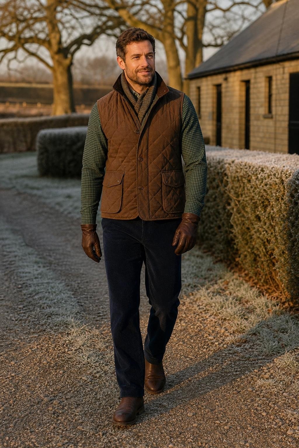 Chestnut quilted vest, navy corduroy trousers, green check shirt, brown country boots, frosty morning estate walk (option 2)