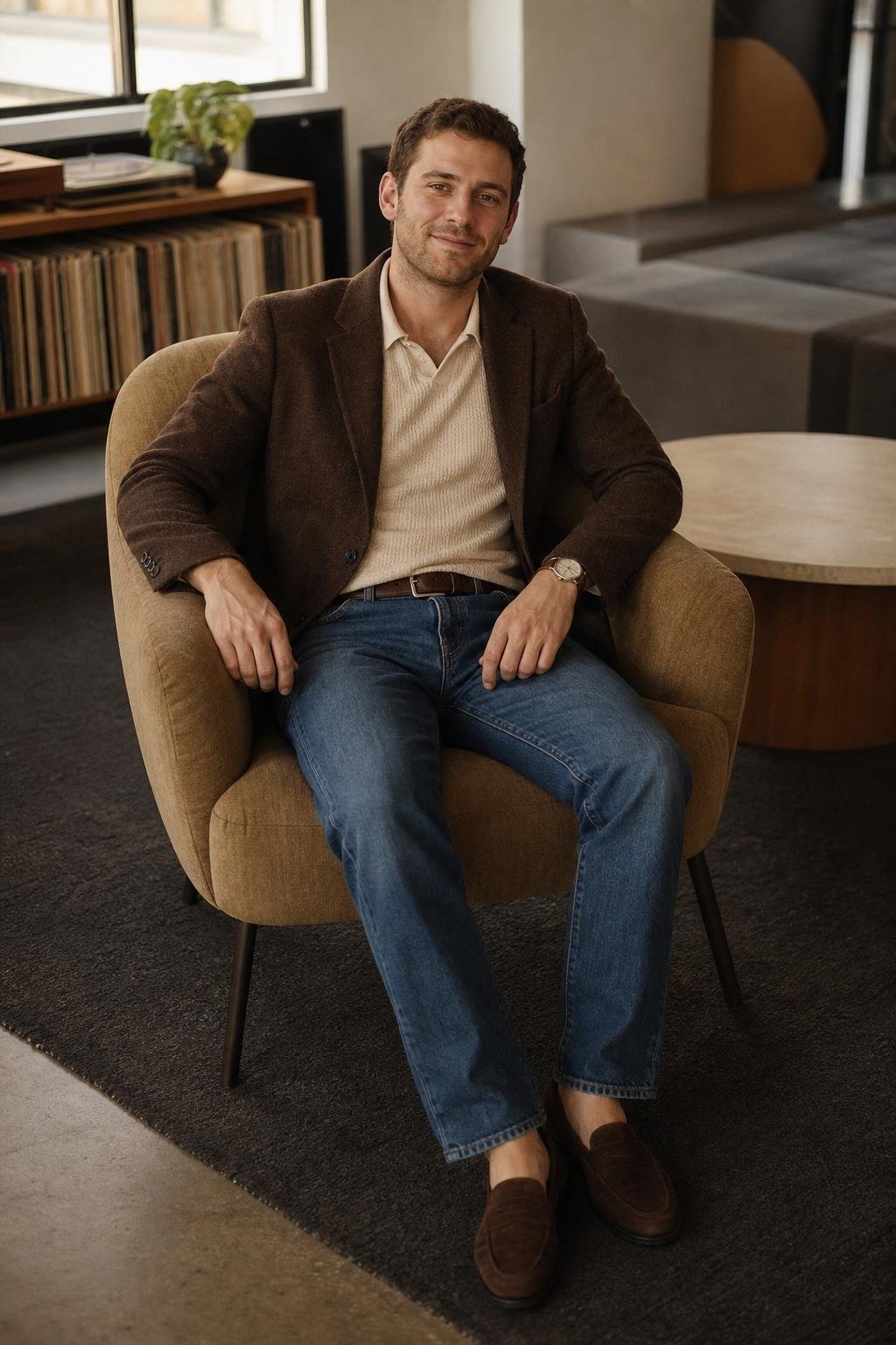 Chocolate brown blazer, mid-blue straight jeans, cream knit polo, suede loafers, casual Friday office lounge (option 2)
