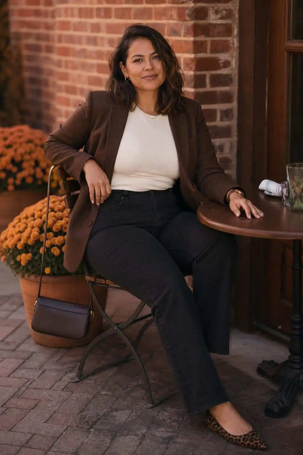 Chocolate brown blazer over ivory tee, black straight jeans, leopard flats, warm city lunch patio (option 2)