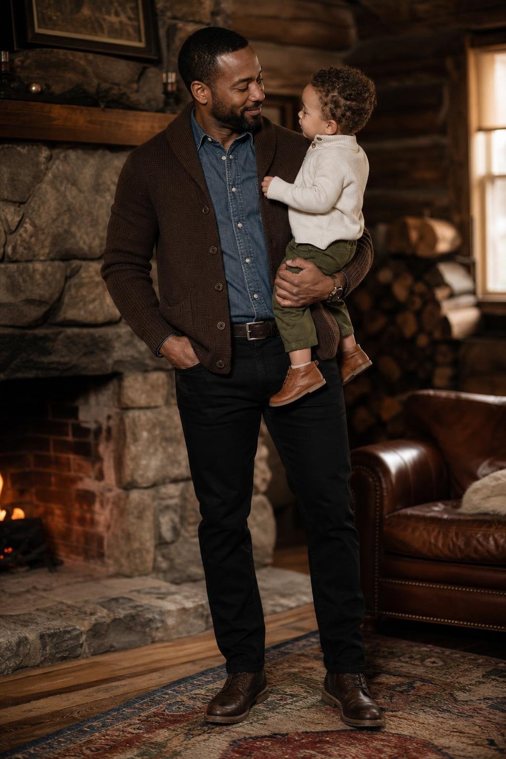 Chocolate brown cardigan, medium wash denim shirt, black jeans, leather boots, rustic cabin family photo (option 2)