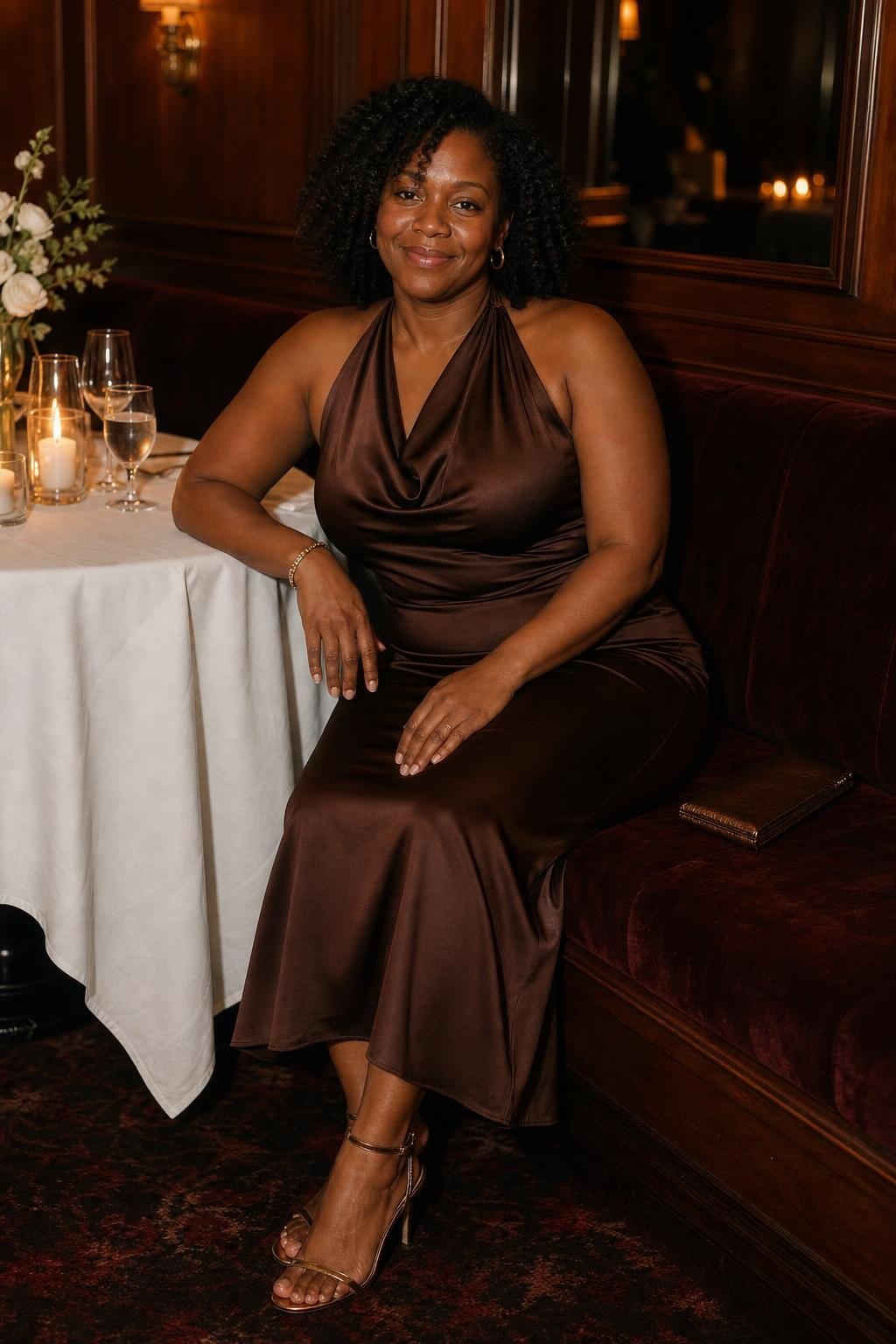 chocolate brown halter midi dress with bronze sandals at a candlelit restaurant reception (option 1)