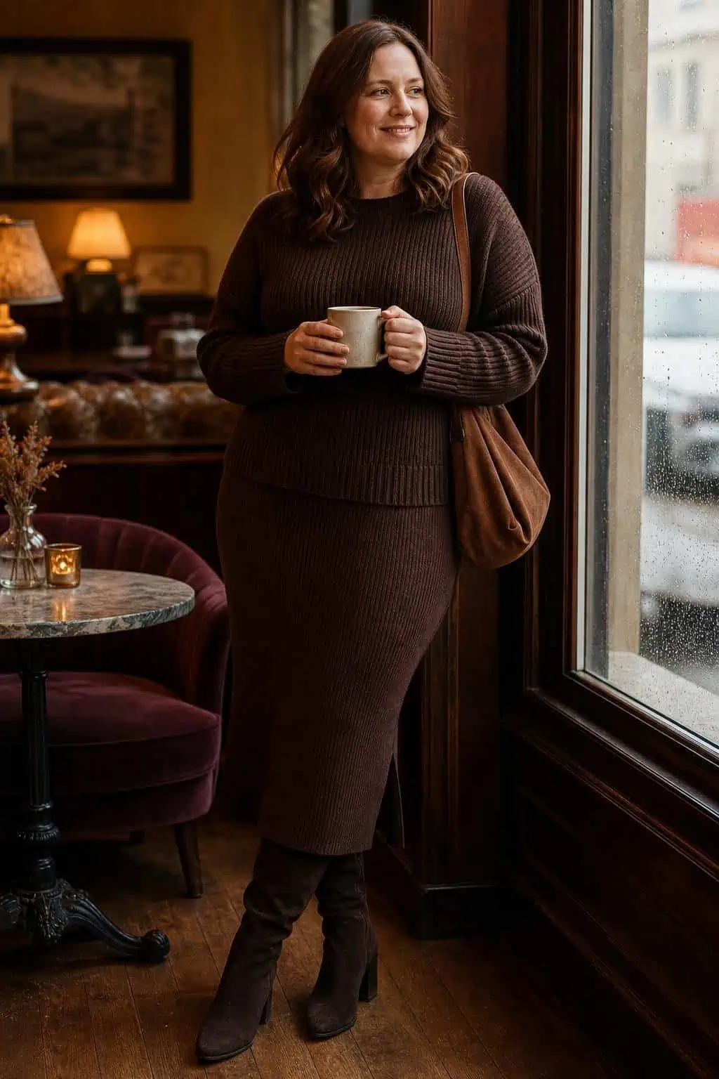 Chocolate brown knit pullover and matching midi skirt, tall boots, suede bag, cozy cafe corner (option 2)