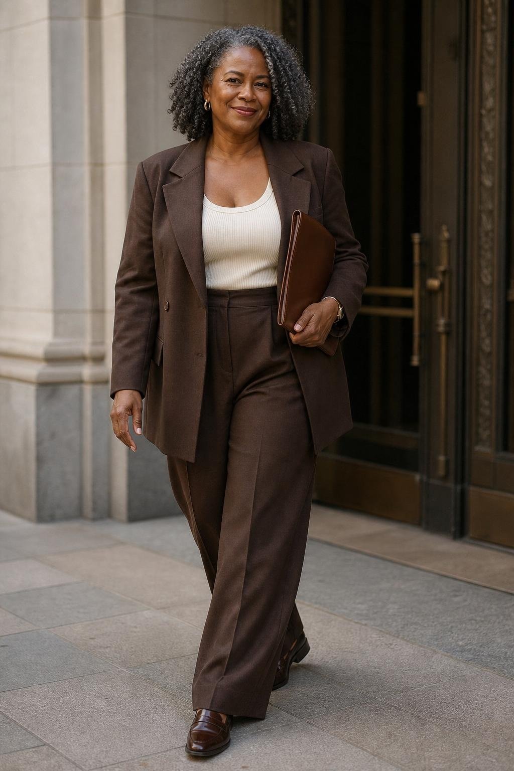 Chocolate brown relaxed suit, cream knit tank, brown loafers, leather portfolio, downtown office entrance (option 2)