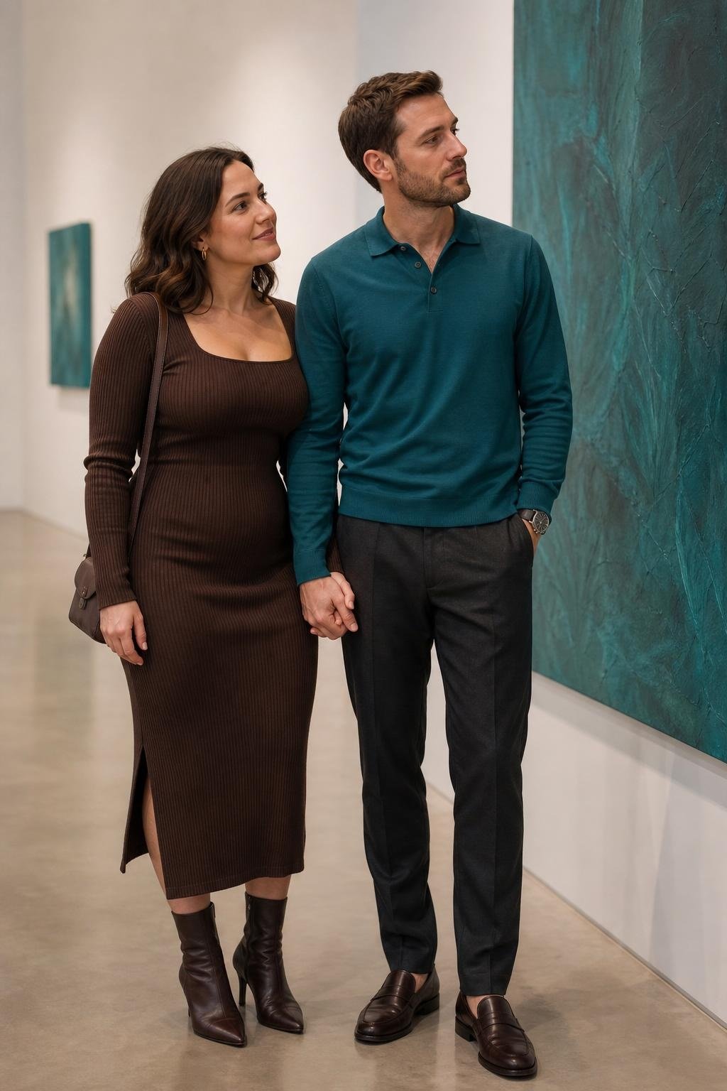Chocolate brown ribbed dress with teal polo and dark trousers, museum gallery afternoon mood (option 2)