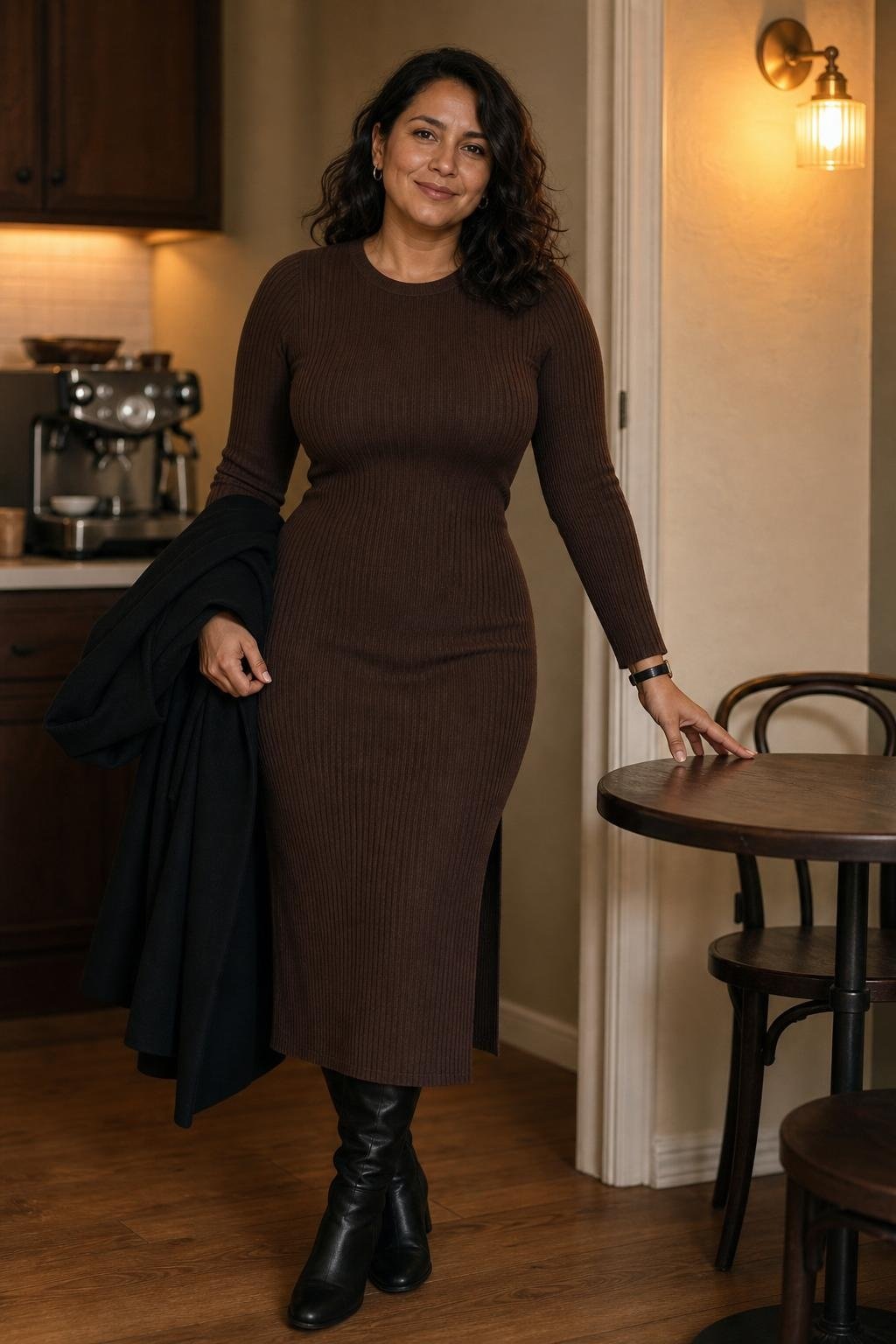 Chocolate brown ribbed knit dress, black knee-high boots, black wool coat, warm café evening (option 1)