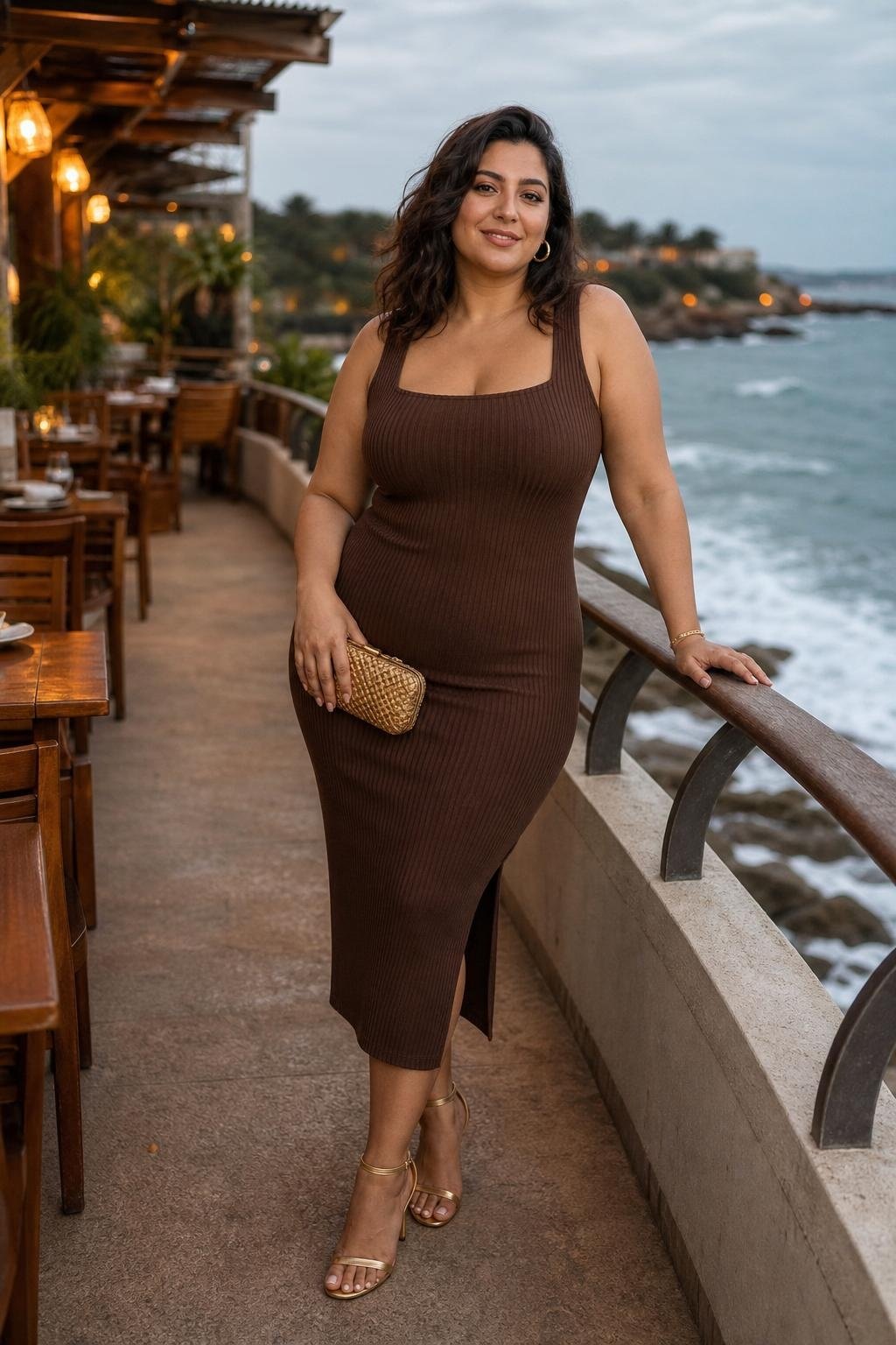 Chocolate brown ribbed knit dress with gold sandals on a relaxed seaside restaurant terrace (option 2)