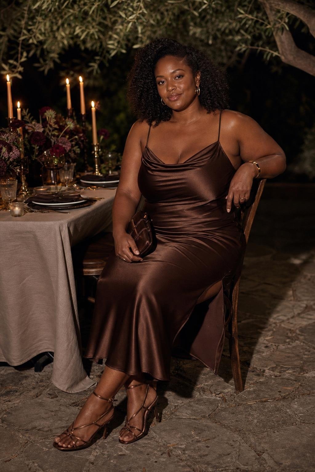 Chocolate brown satin slip midi dress with bronze sandals at an intimate evening garden dinner (option 2)