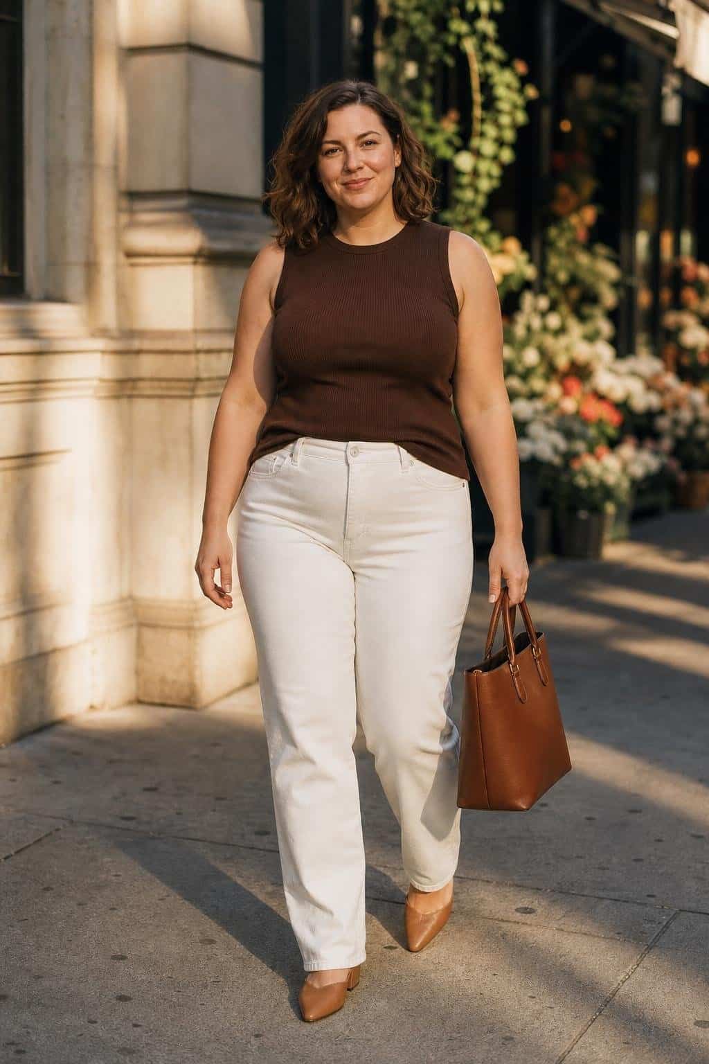 Chocolate brown sleeveless top, white straight jeans, tan mules, leather tote, late afternoon city sidewalk (option 1)