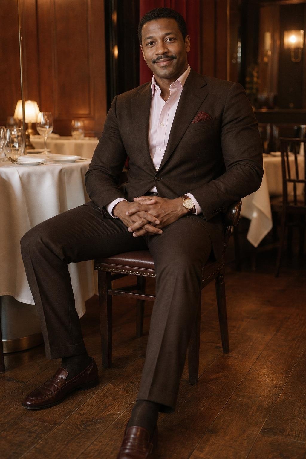 Chocolate brown suit, pale pink poplin shirt, oxblood loafers, low-lit restaurant dining room (option 2)