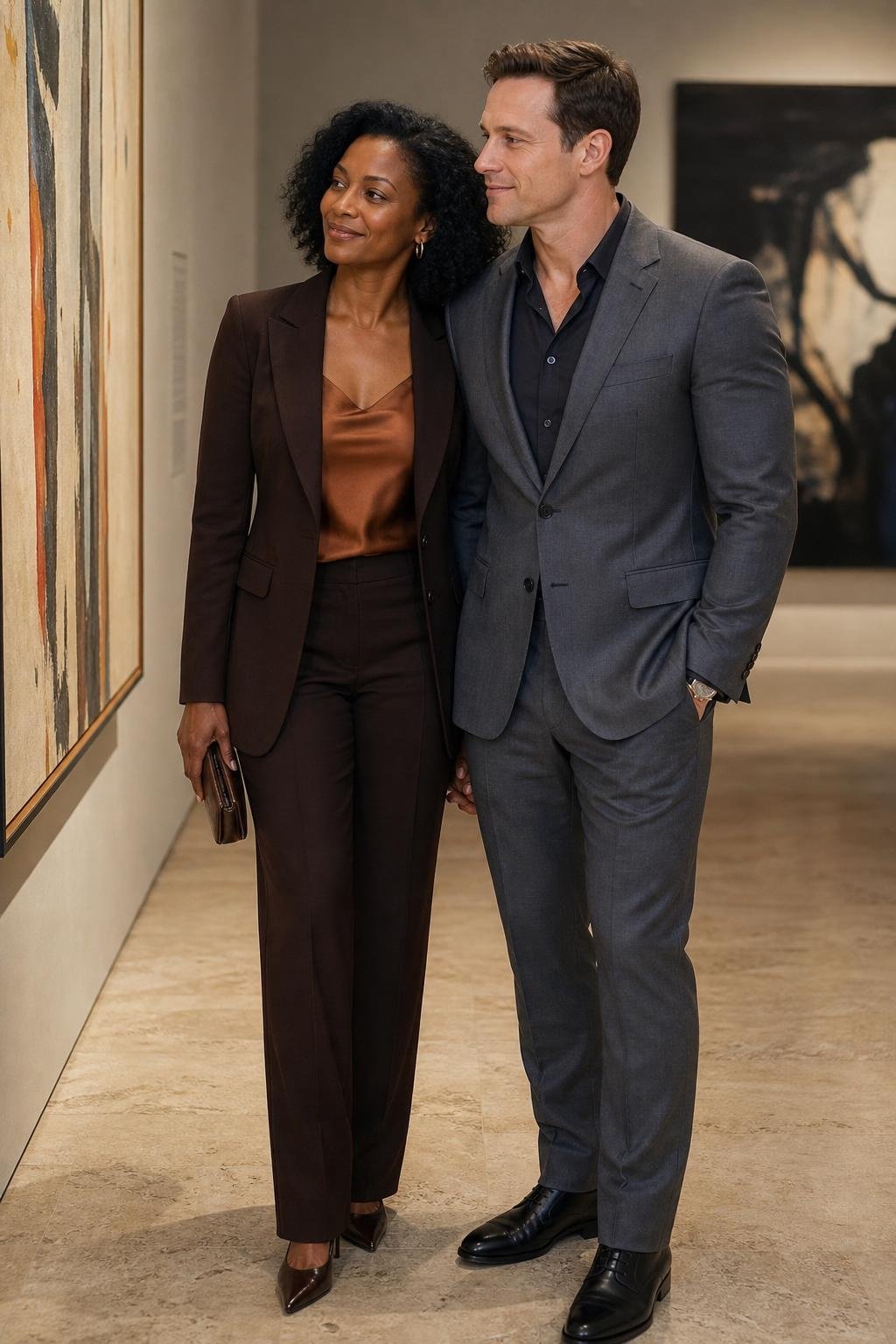Chocolate brown suit, silk camisole, pointed pumps, art museum hallway scene (option 2)