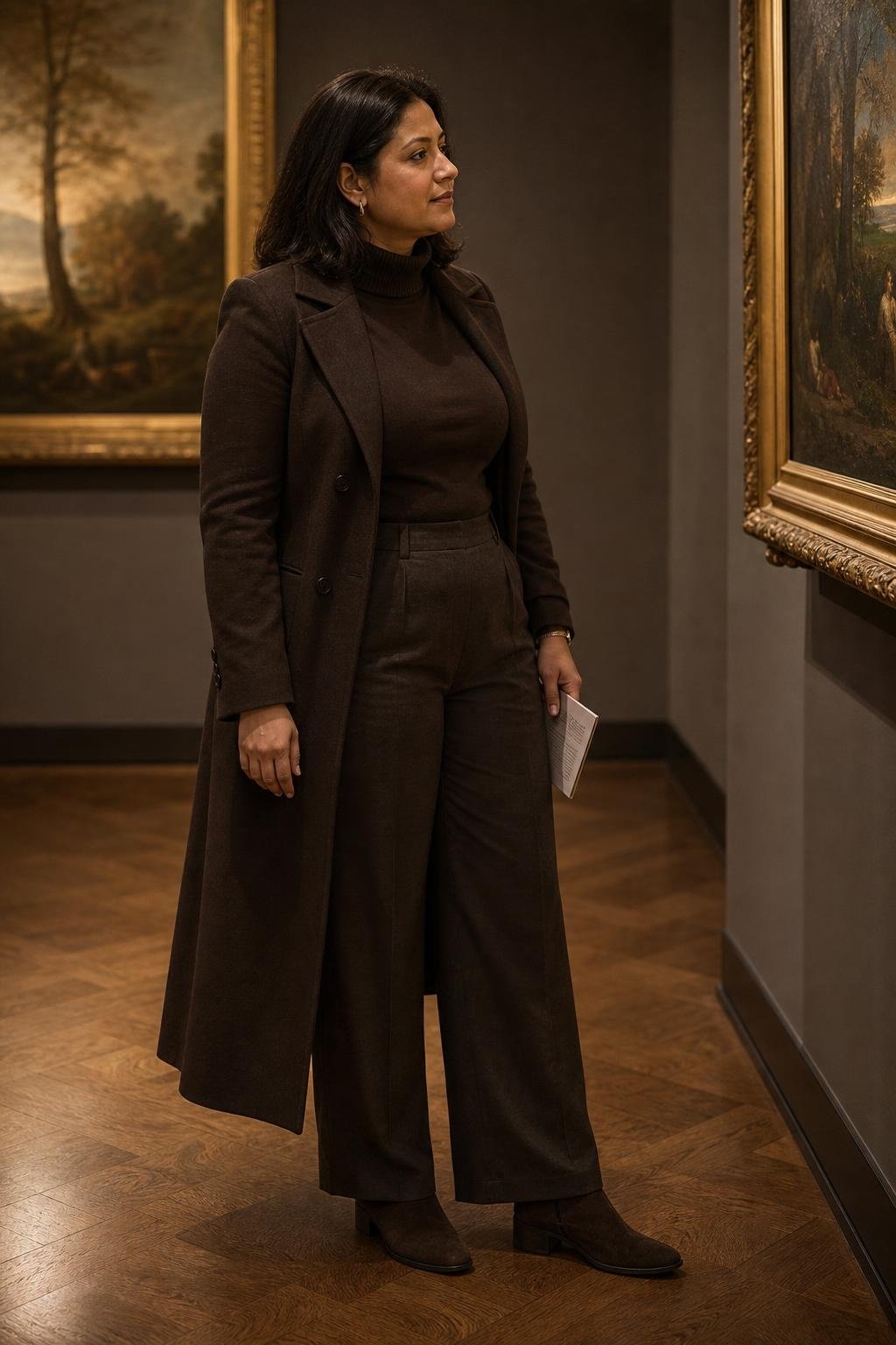 Chocolate brown turtleneck, brown wool trousers, dark brown coat, suede boots, quiet museum gallery (option 2)