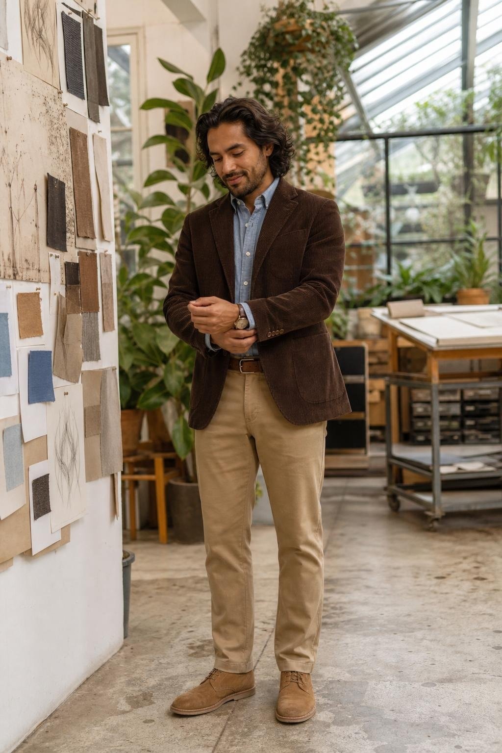 Chocolate corduroy blazer, light blue chambray shirt, tan chinos, suede chukkas in a creative studio (option 1)