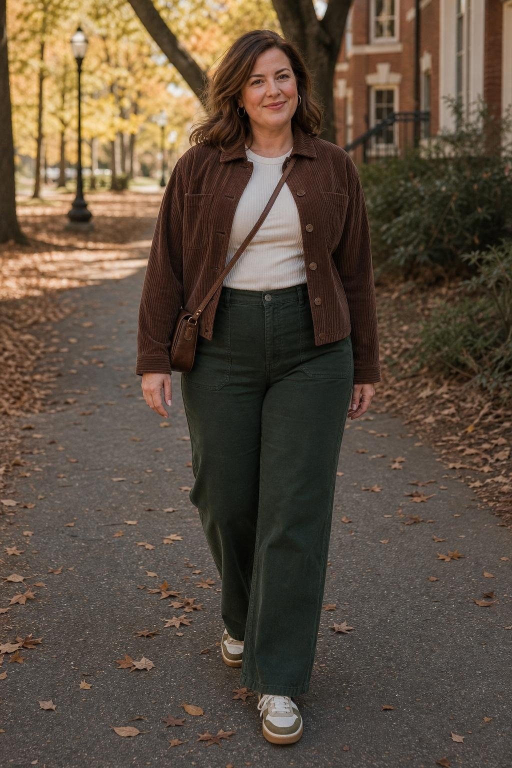 Chocolate corduroy jacket, cream ribbed tee, dark green pants, retro sneakers, autumn college game walkway (option 2)