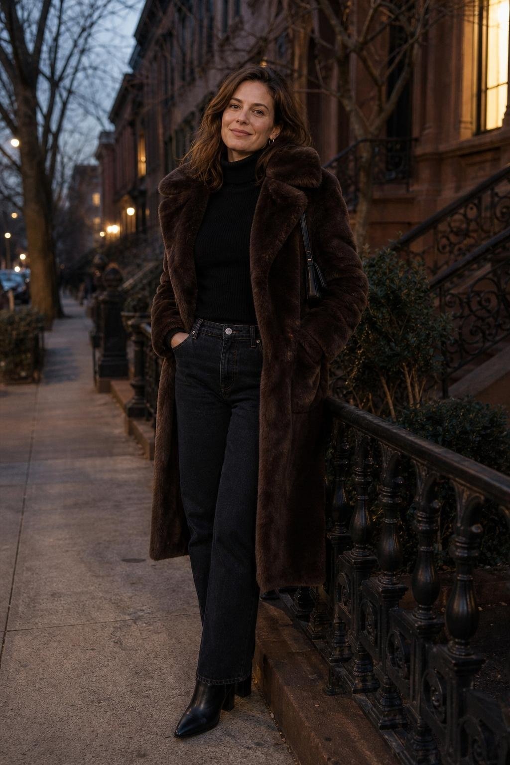 Chocolate faux fur coat, black turtleneck, straight dark jeans, ankle boots, city sidewalk at dusk (option 2)
