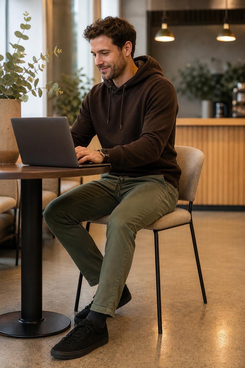 Chocolate hoodie, eucalyptus green drawstring pants, black suede sneakers, relaxed coffee shop work session (option 1)