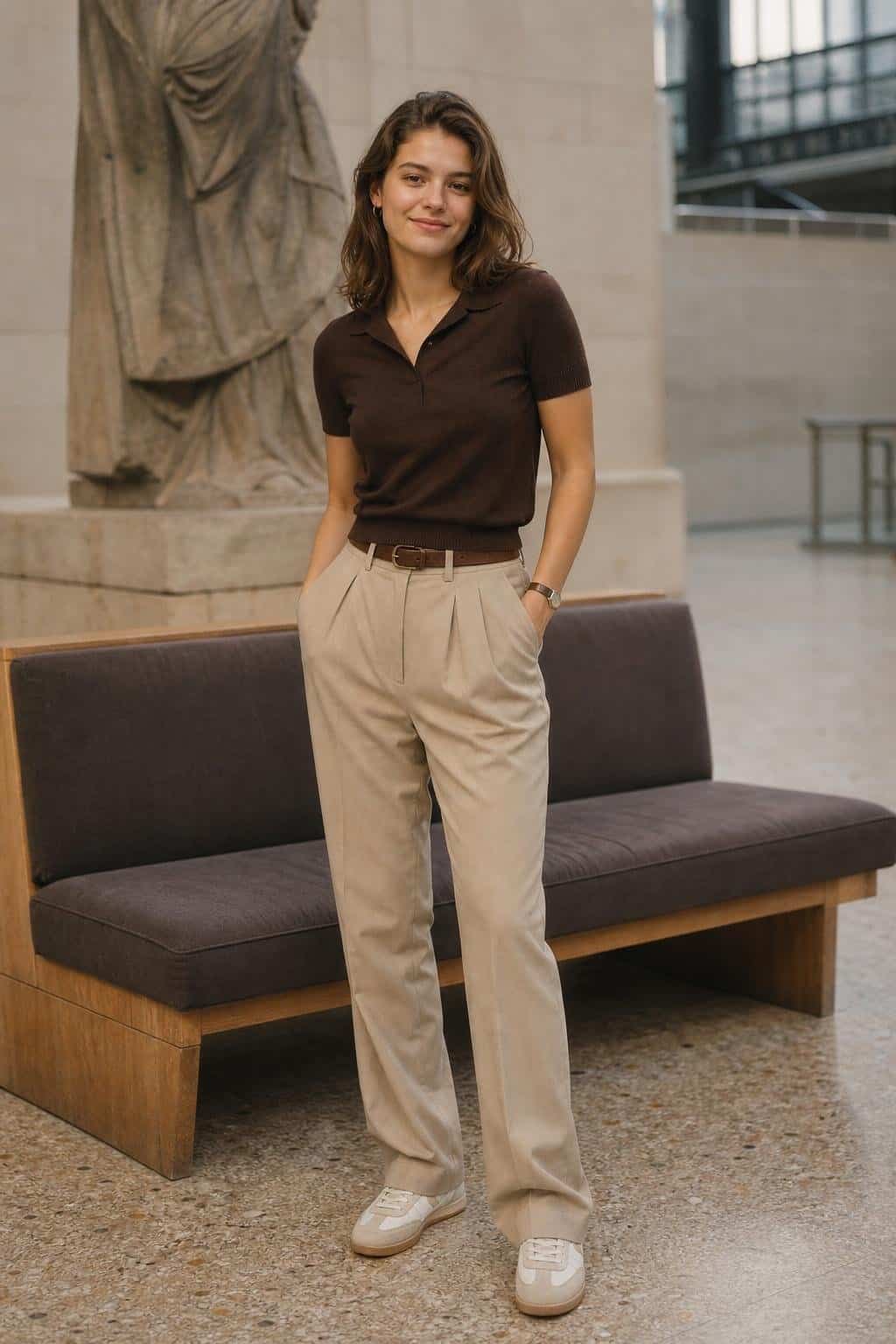 Chocolate knit polo, beige pleated trousers, retro sneakers, relaxed museum lobby (option 2)