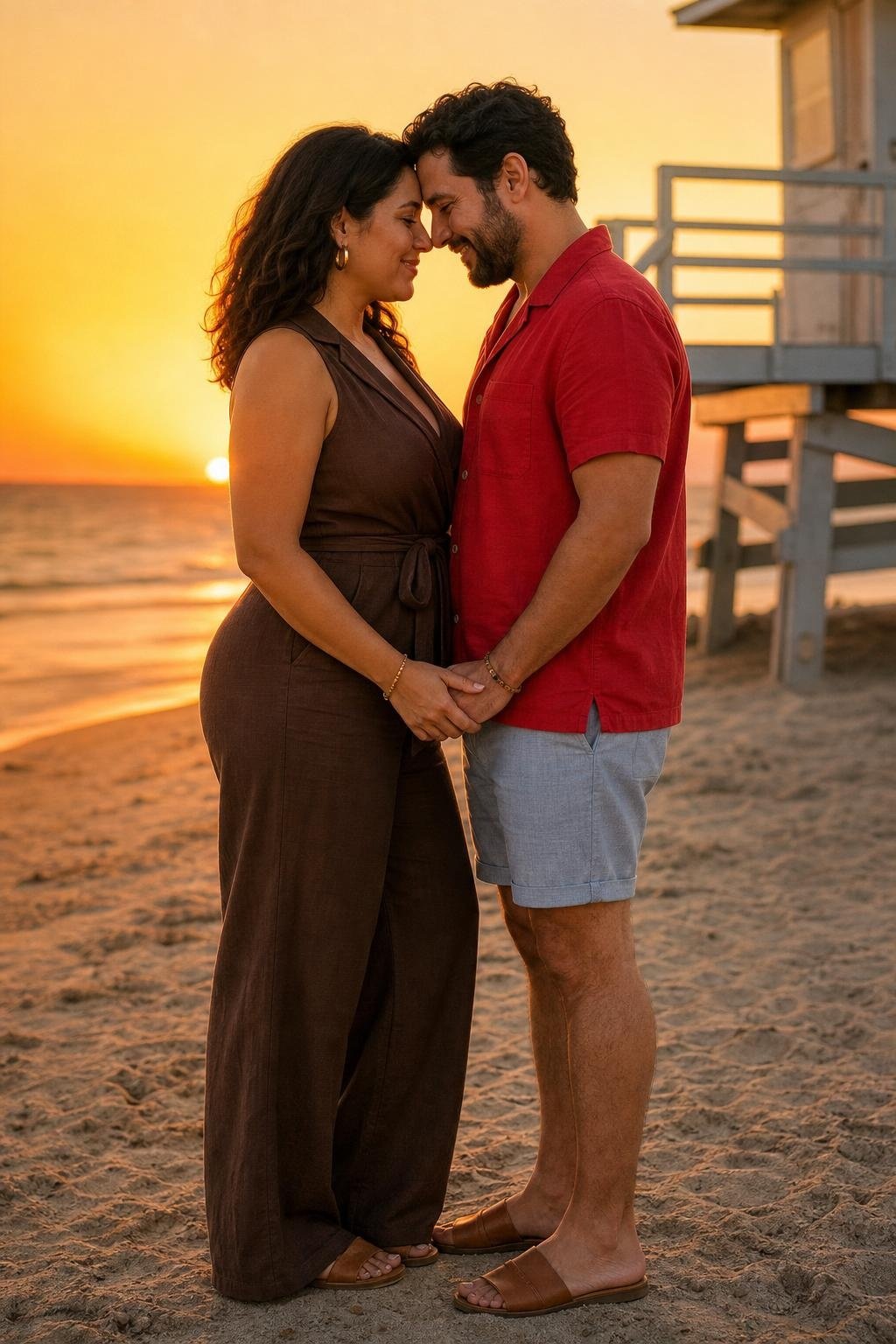 Chocolate linen jumpsuit, poppy red shirt, light chambray shorts, tan slides, bold beach sunset portraits (option 1)